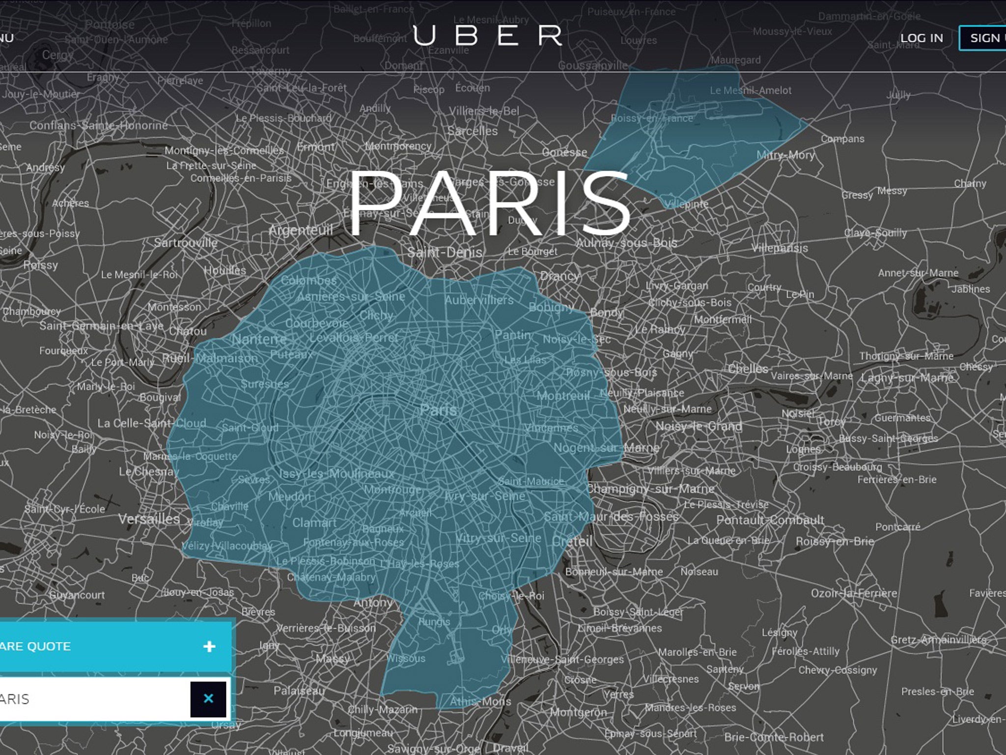Uber's French website, showing the area it covers in Paris