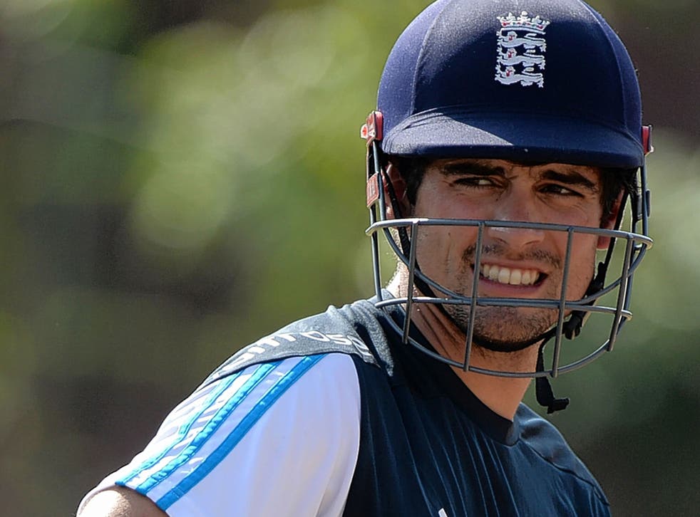 England captain Alastair Cook waits to bat during a nets session at R. Premadasa Stadium in Colombo