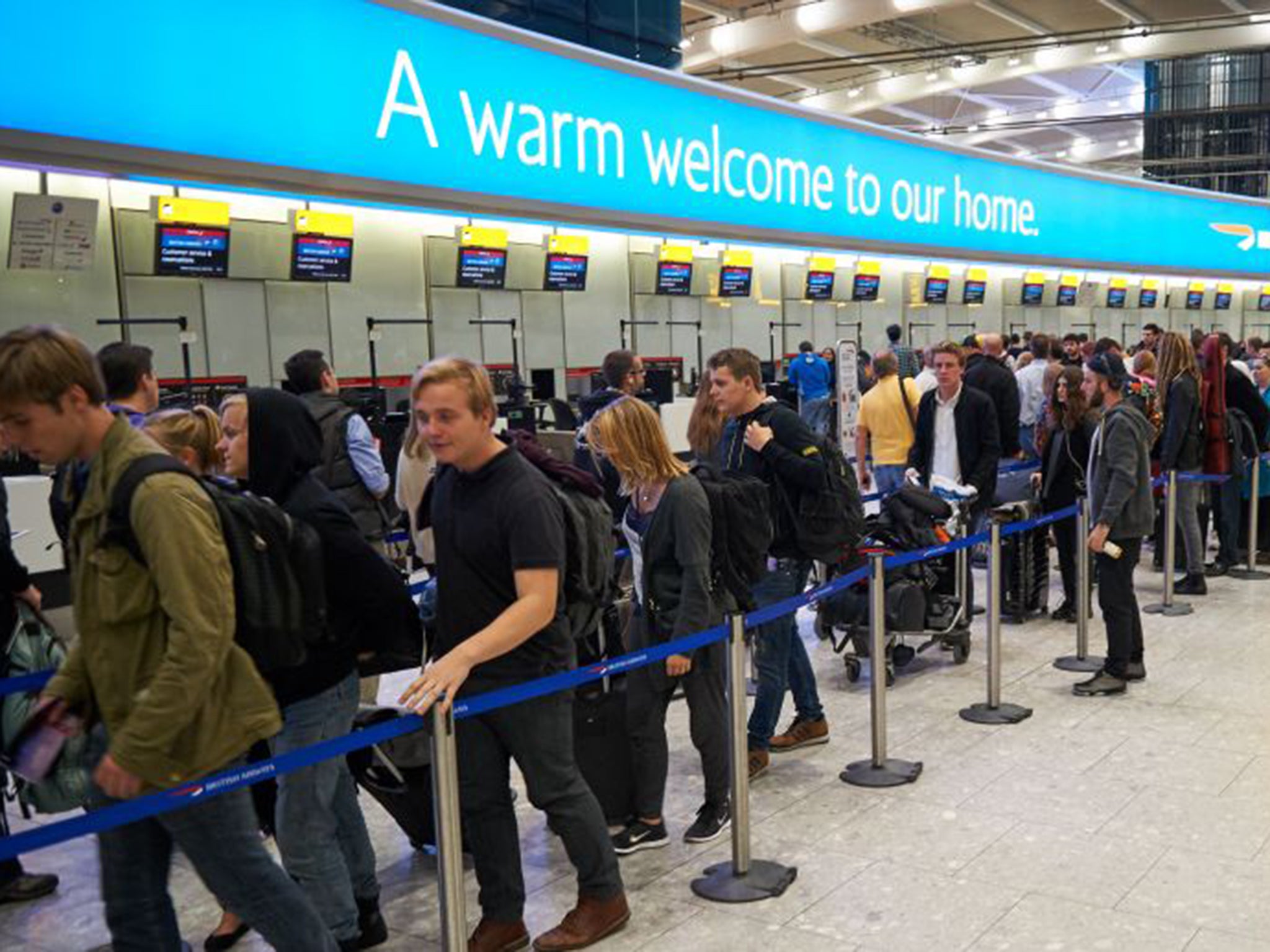 Passengers at Terminal 5 Heathrow are forced to queue after a computer failure closed London Airspace for several hours (Matrix Pictures)