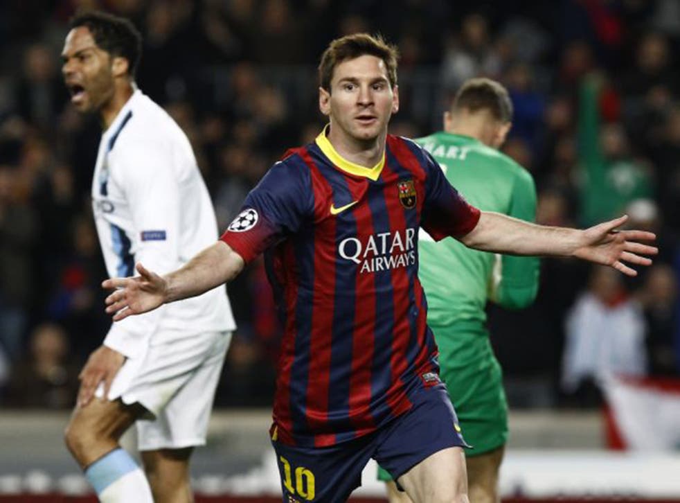 Lionel Messi celebrates scoring in the second leg of last season’s last-16 tie against City (AFP/Getty)