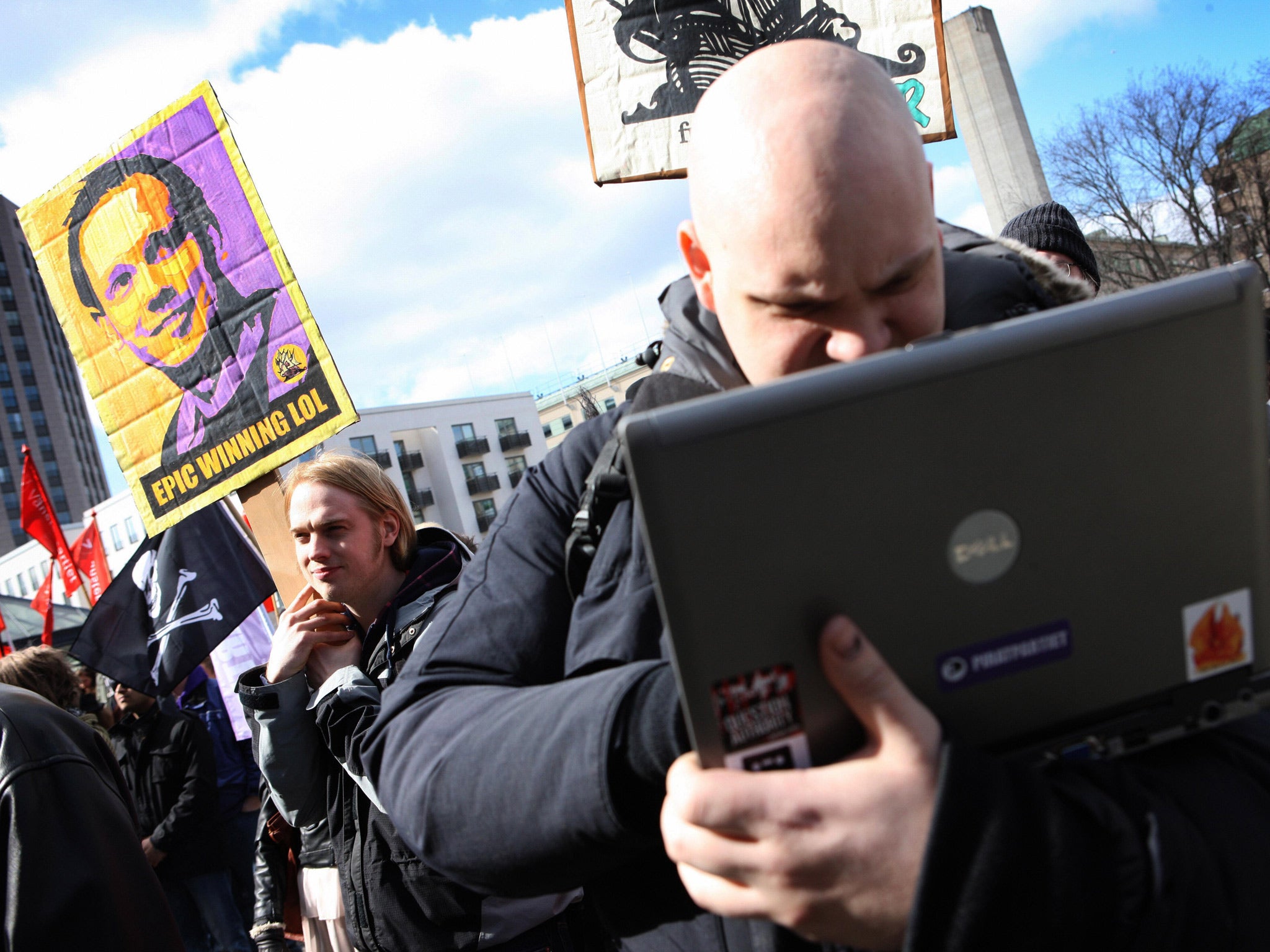 A photo taken on April 18, 2009 shows supporters of the Pirate Bay website, one of the world's top illegal file sharing websites, demonstrating against a new anti-piracy law in Stockholm