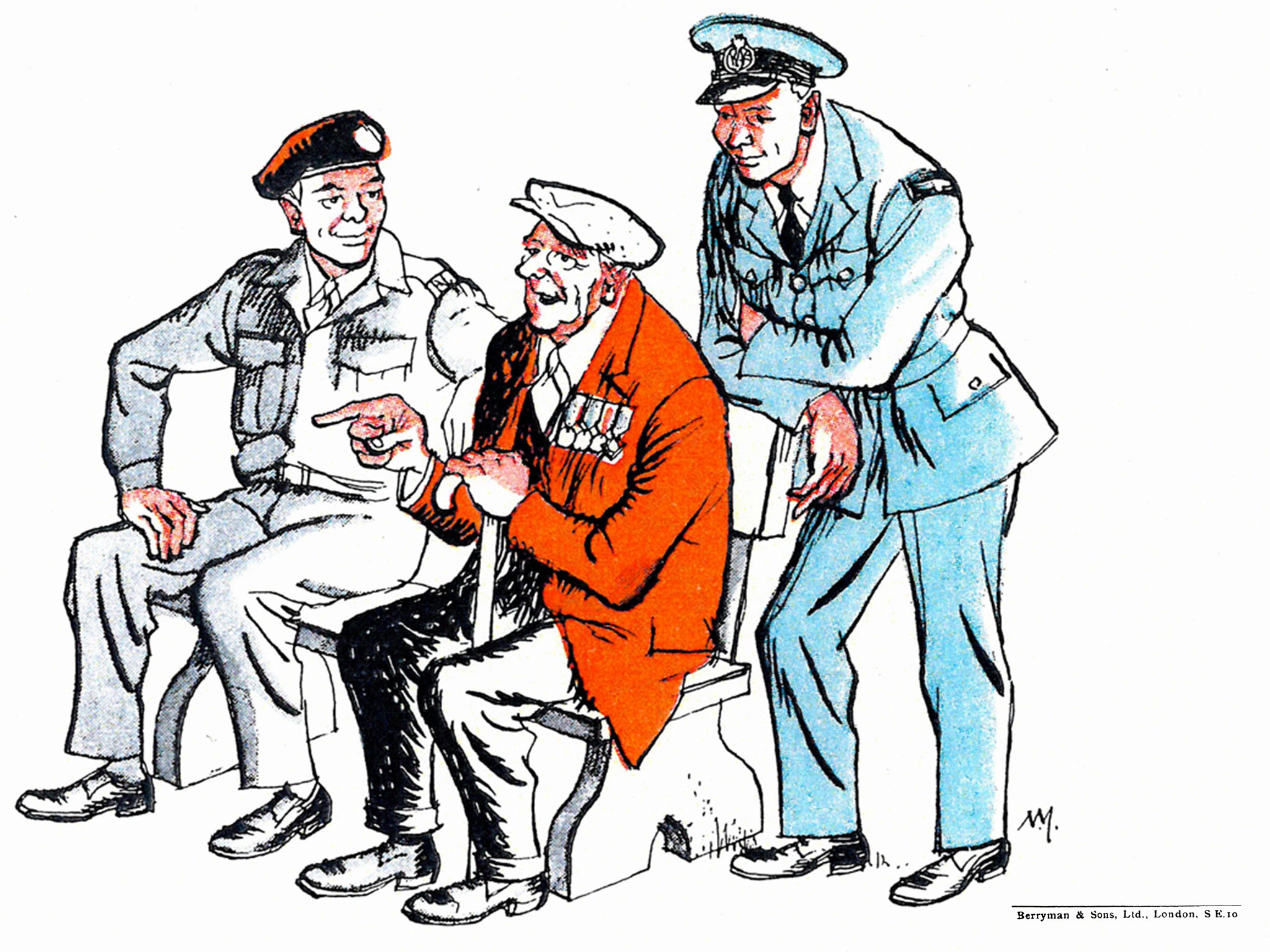 The cartoon is from an original drawn by Norman Mansbridge for the Ex-Services Fellowship Centre (later to become known as Veterans Aid). Mansbridge, who served as a wireless operator in the Merchant Navy, also had a roving commission as a war artist befo