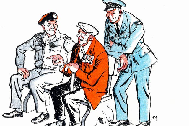 The cartoon is from an original drawn by Norman Mansbridge for the Ex-Services Fellowship Centre (later to become known as Veterans Aid). Mansbridge, who served as a wireless operator in the Merchant Navy, also had a roving commission as a war artist befo