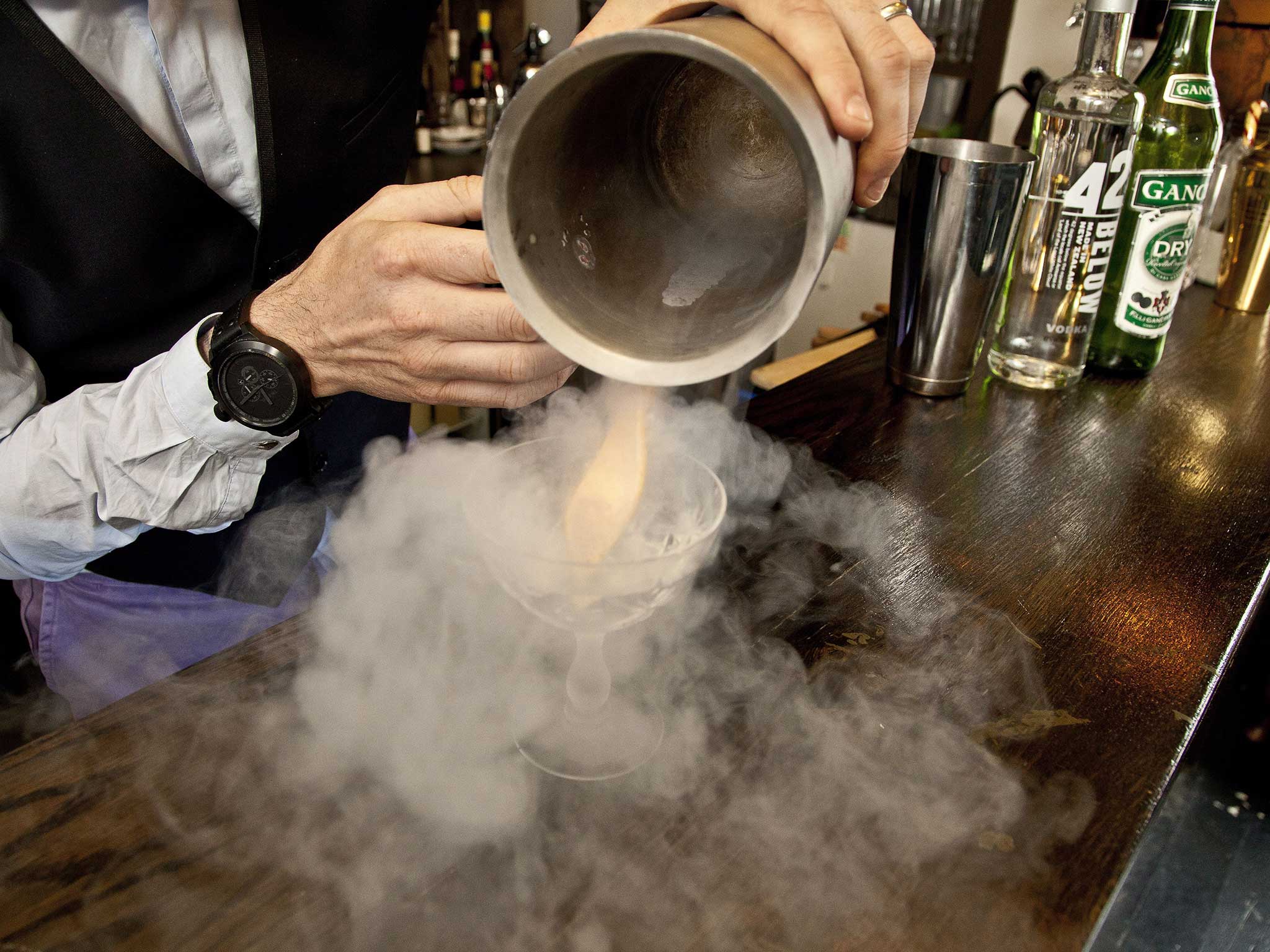 A cocktail is prepared using liquid nitrogen