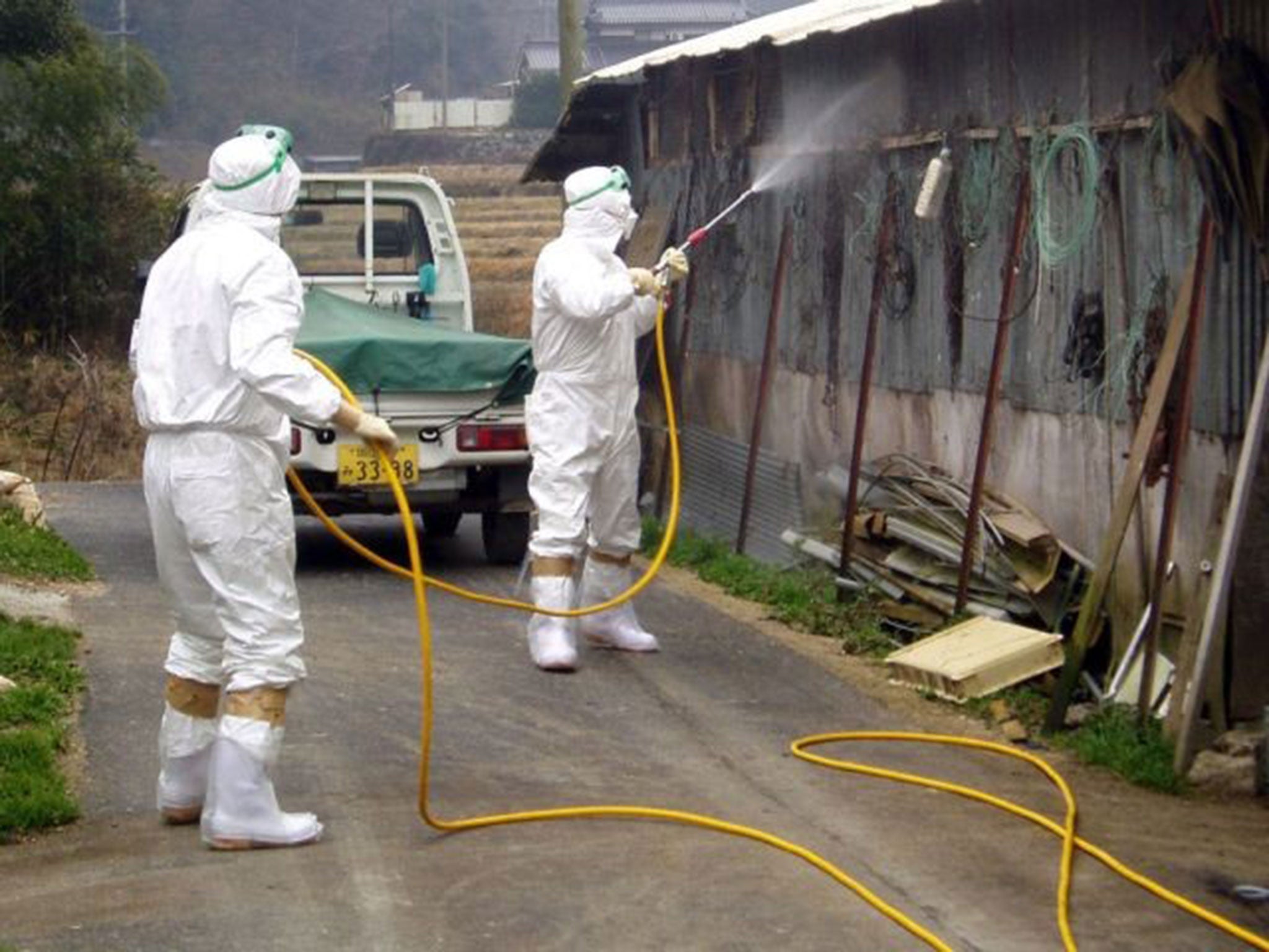 An Okayama Prefectural Government handout picture shows Japanese health experts disinfecting a chicken farm in Takahashi, Okayama Prefecture, on 28 January, 2007
