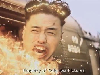 A still from a scene cut from The Interview showing North Korean leader Kim Jong-un's death.