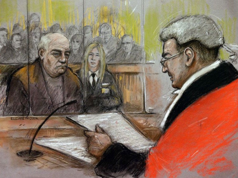 Court artist sketch by Elizabeth Cook of Chris Denning who has been jailed for 13 years for sexually assaulting 24 boys - including one allegedly at Jimmy Savile's house.