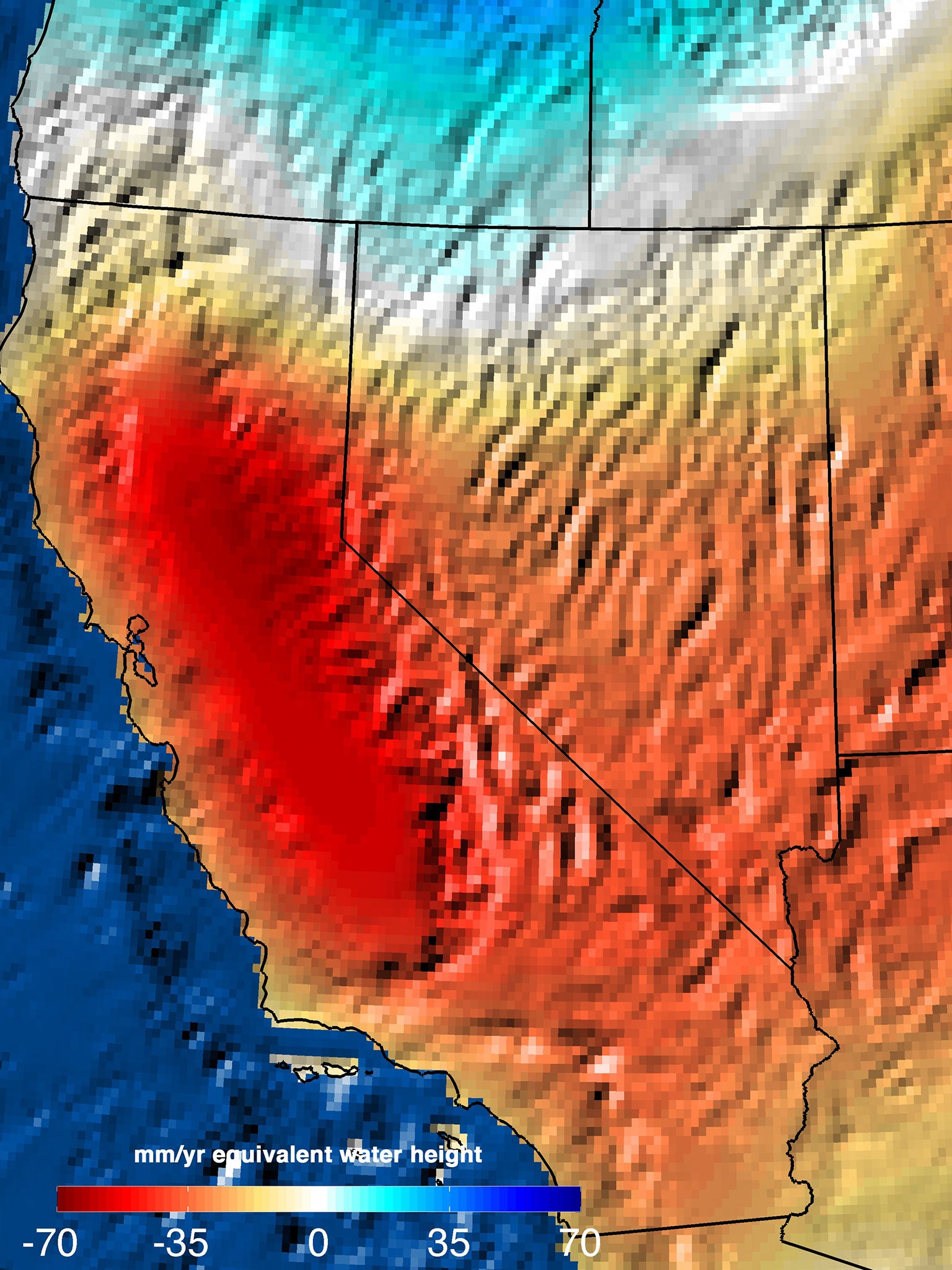 This map shows the trend in water storage between September 2011 and September 2014.