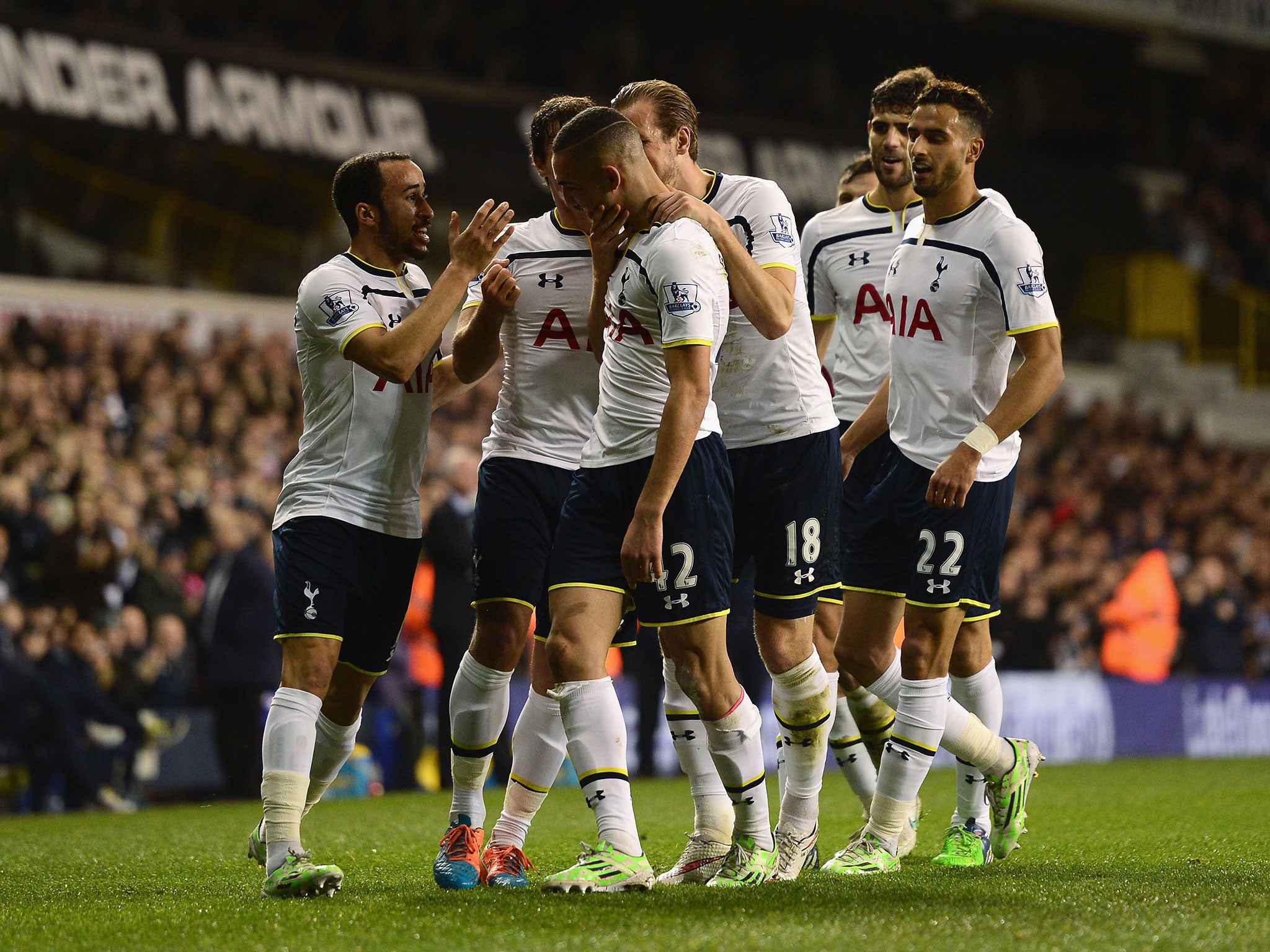 Nabil Bentaleb (centre) celebrates putting Tottenham ahead