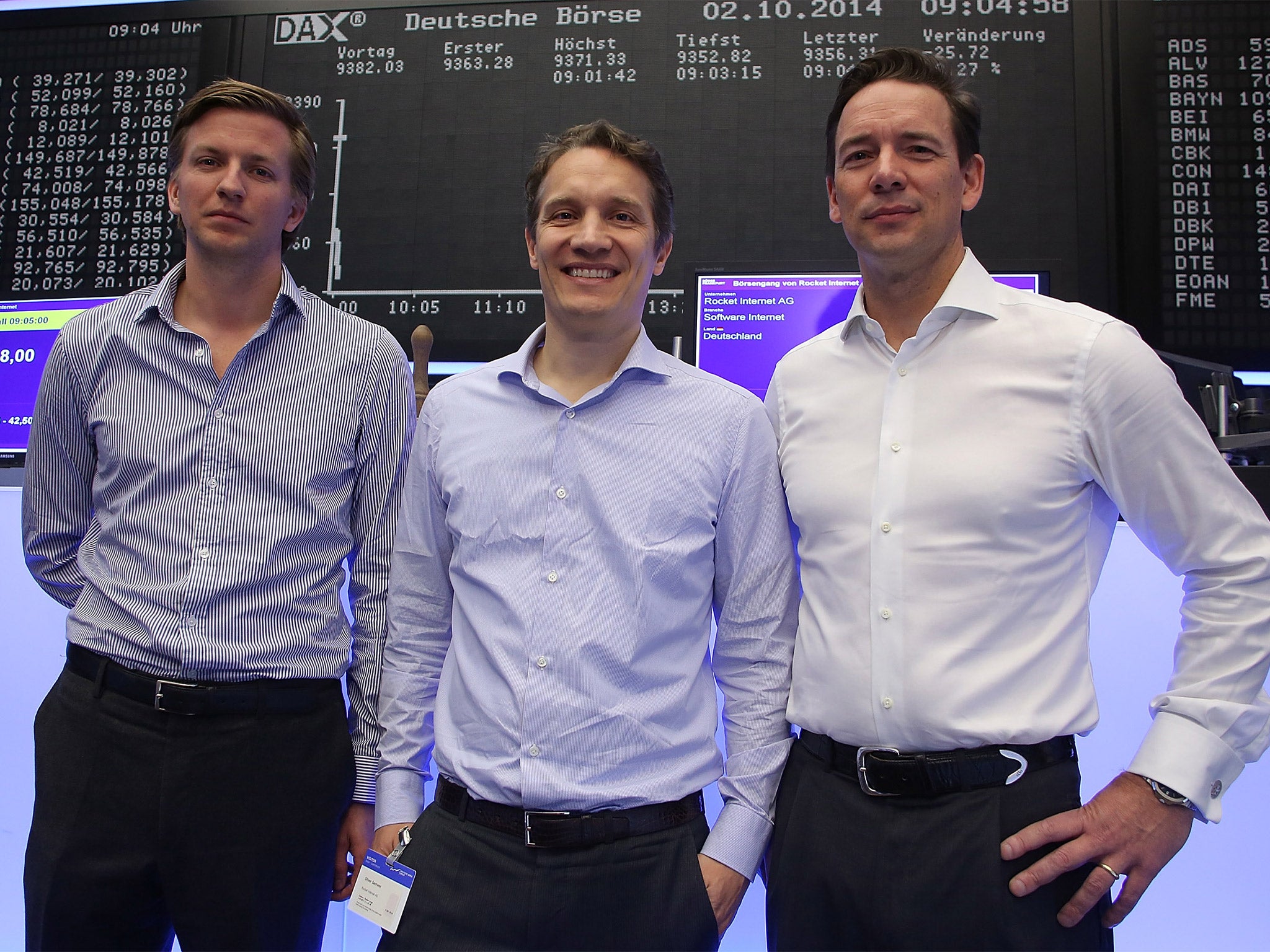 Rocket Internet’s founder Oliver Samwer, centre, with the incubator’s chief executive and finance director when it listed in October
