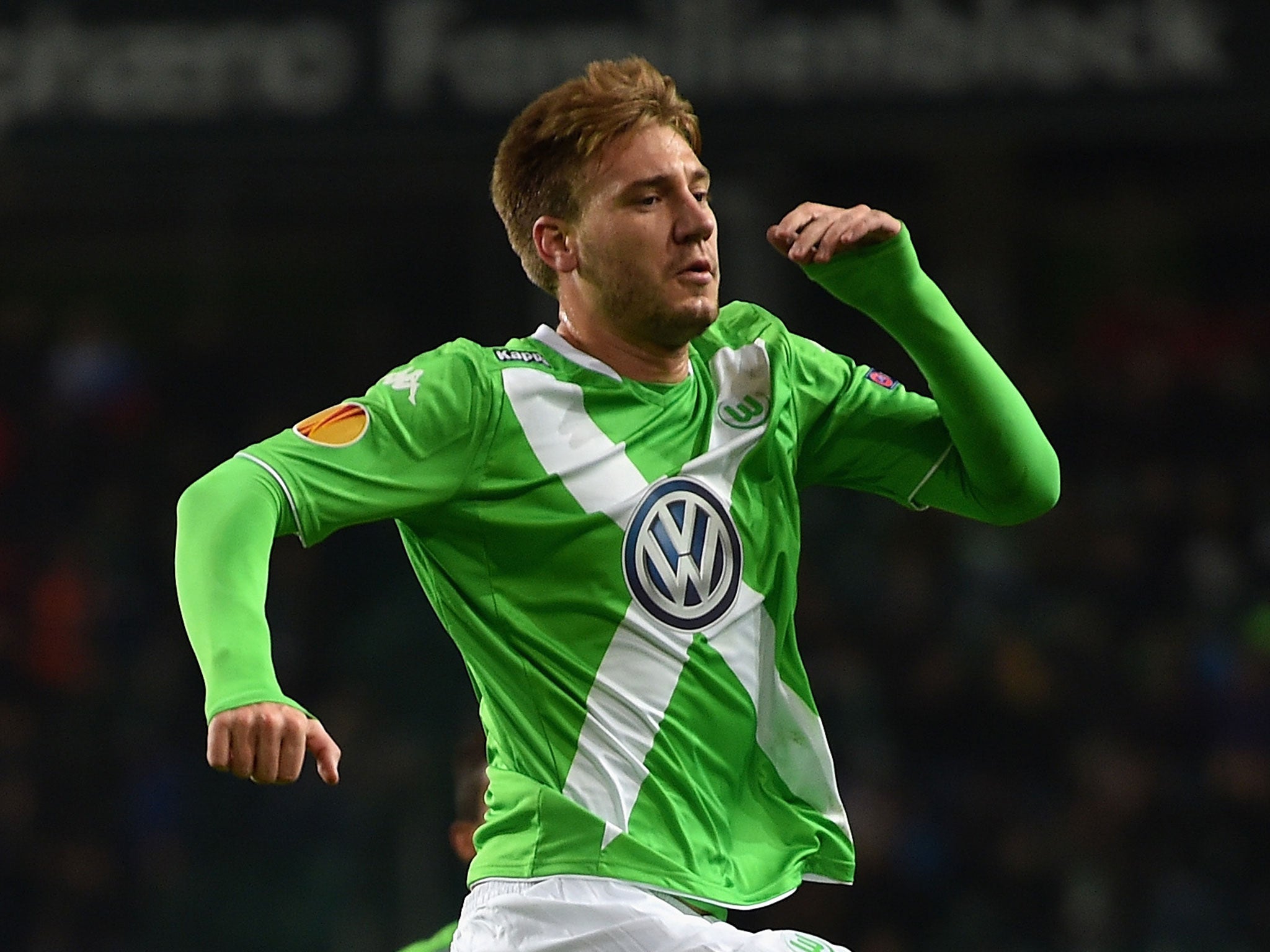 Nicklas Bendtner celebrates for Wolfsburg against FC Krasnodar earlier this month
