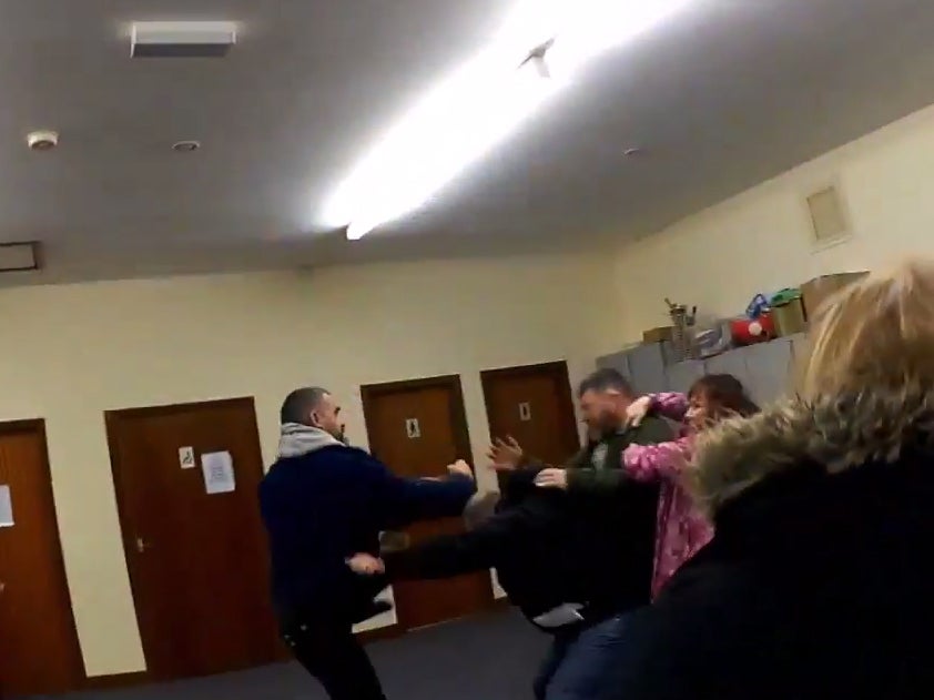 The moment the a fight broke out in a Parish Council meeting in Briefcliffe, which was thought to be about sheep grazing