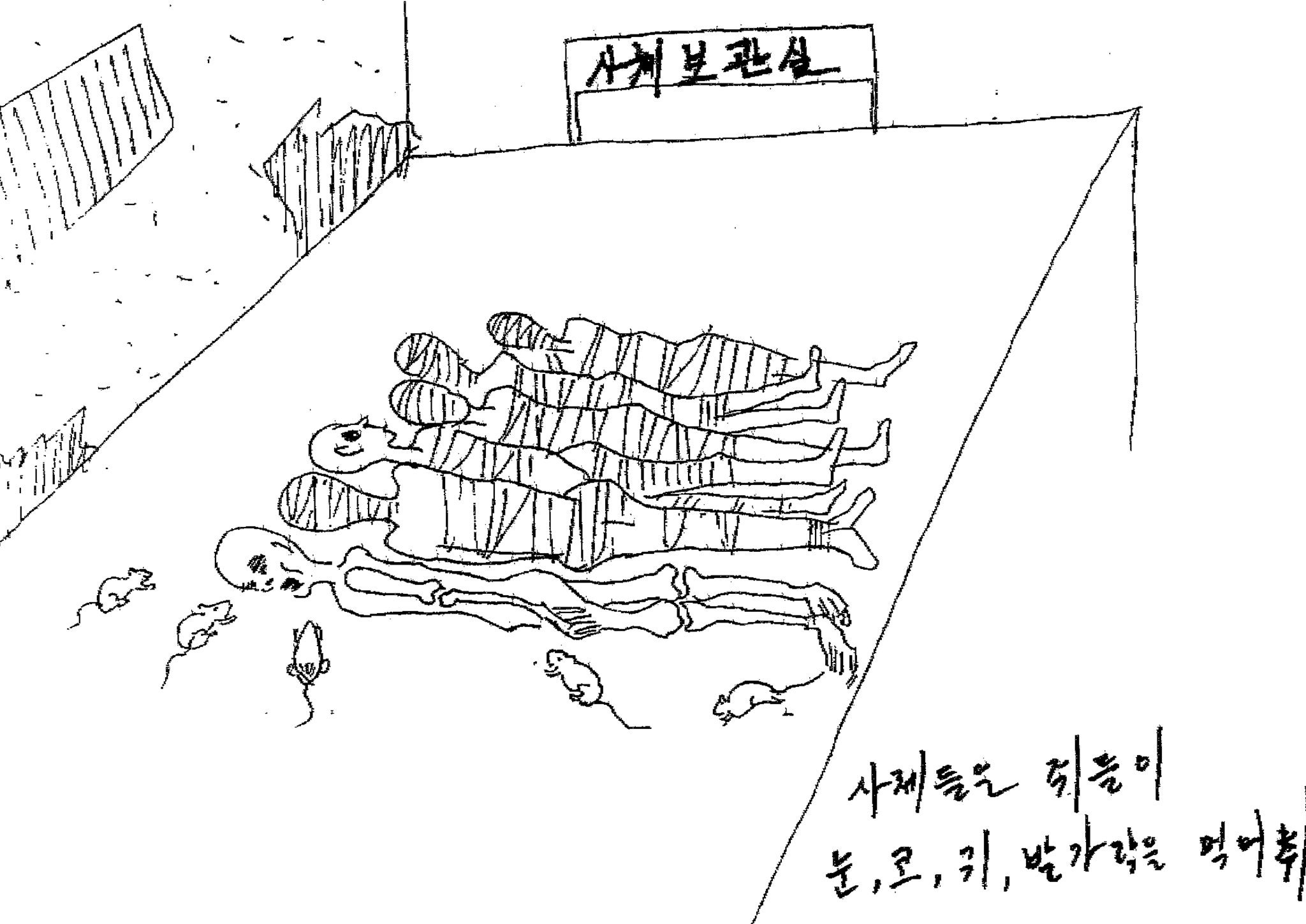 "Rats eat the corpses of dead starved prisoners, those who survive, eat the rats" A drawing by a former prisoner of the North Korean regime