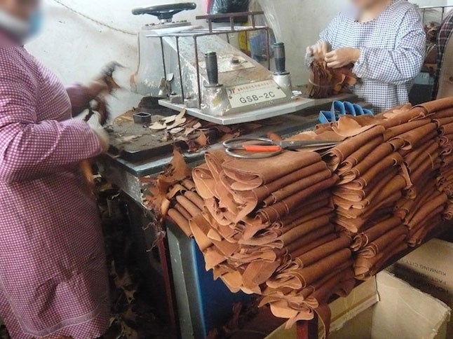 Workers using a machine to cut the dog leather