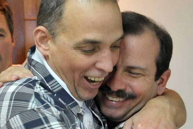 Antonio Guerrero (left) with his fellow ex-prisoner  Fernando Gonzalez in Havana yesterday