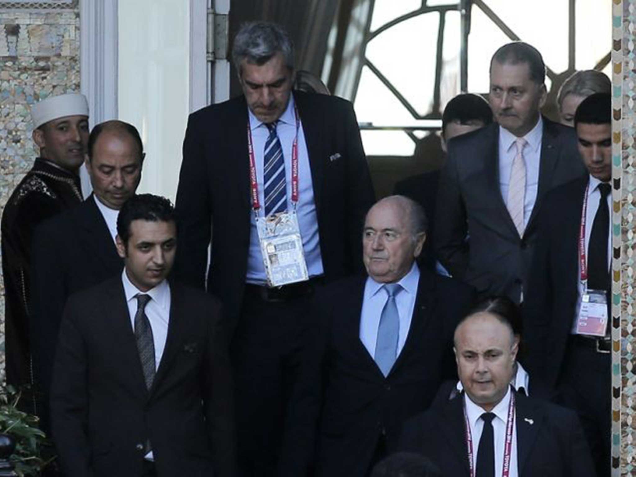 Sepp Blatter (centre), the Fifa president, outside La Mamounia before yesterday’s meeting of the executive committee
