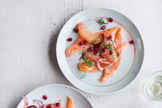Salmon crudo with grapefruit, pomegranate, dill and red-onion salad