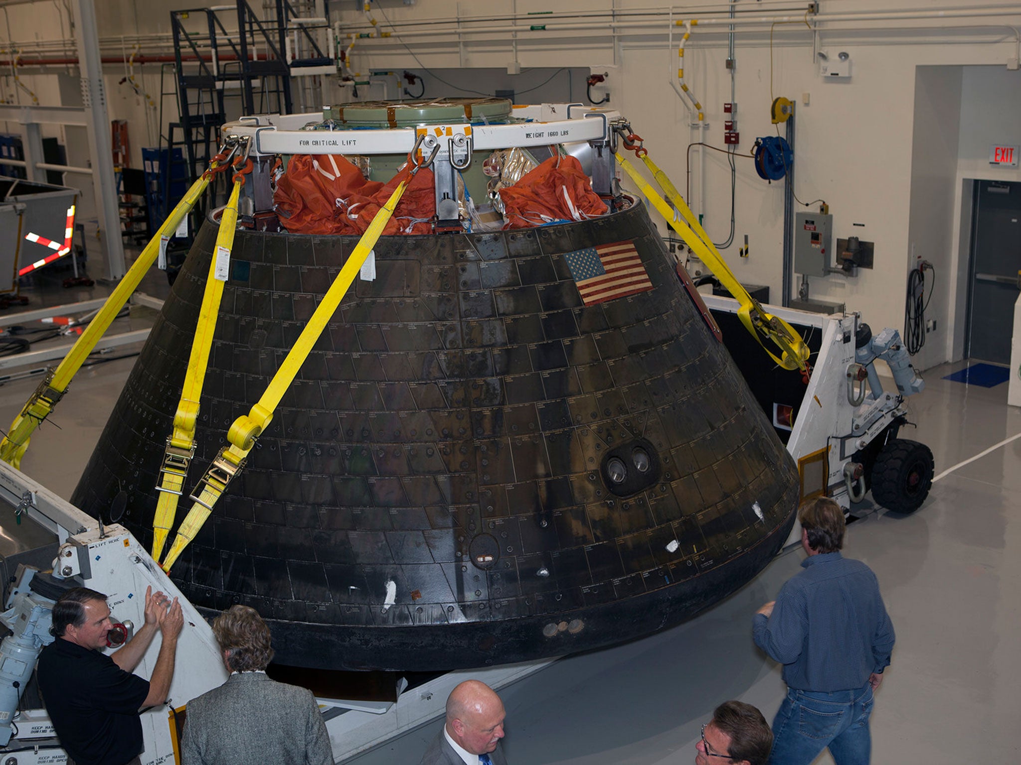 NASA's Orion spacecraft is viewed by members of the media at the Launch Abort System Facility at NASA's Kennedy Space Centre in Florida