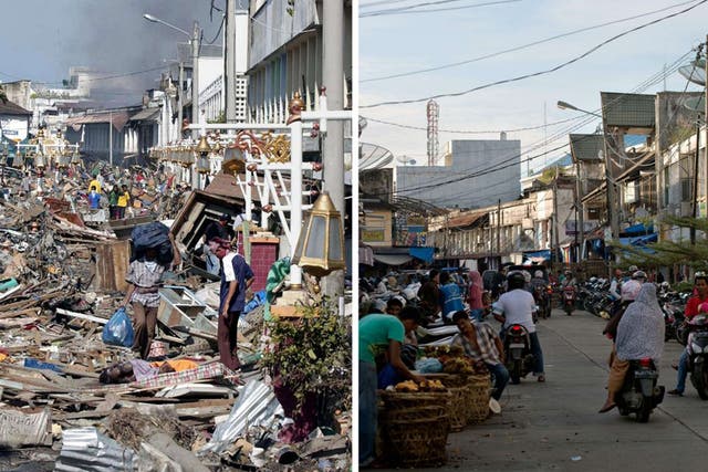Banda Aceh on 29 December 2004 after the tsunami, left, and last month after the city had been reconstructed