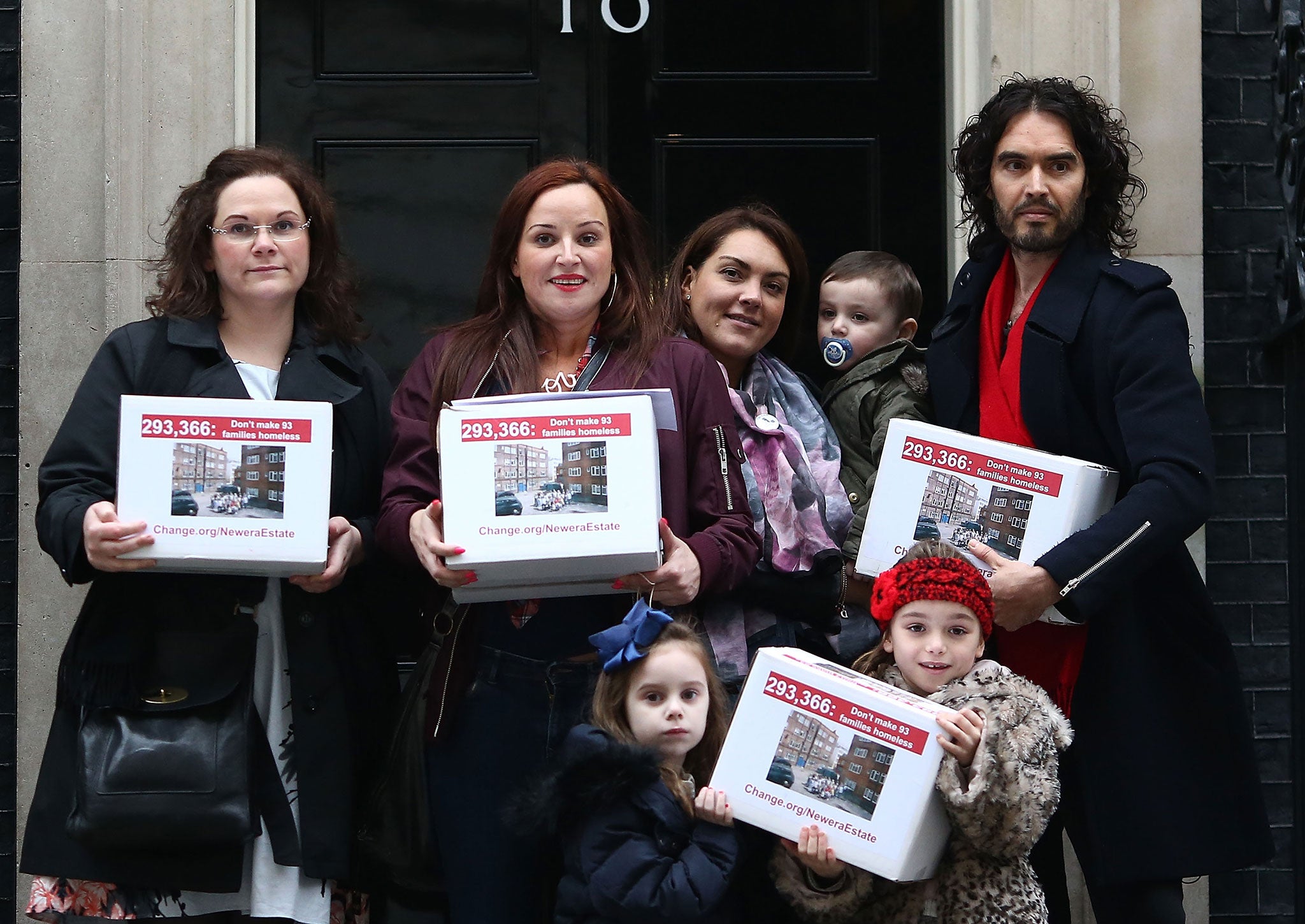 Russell Brand joins residents and supporters from the New Era housing estate in East London as they deliver a petition to 10 Downing Street