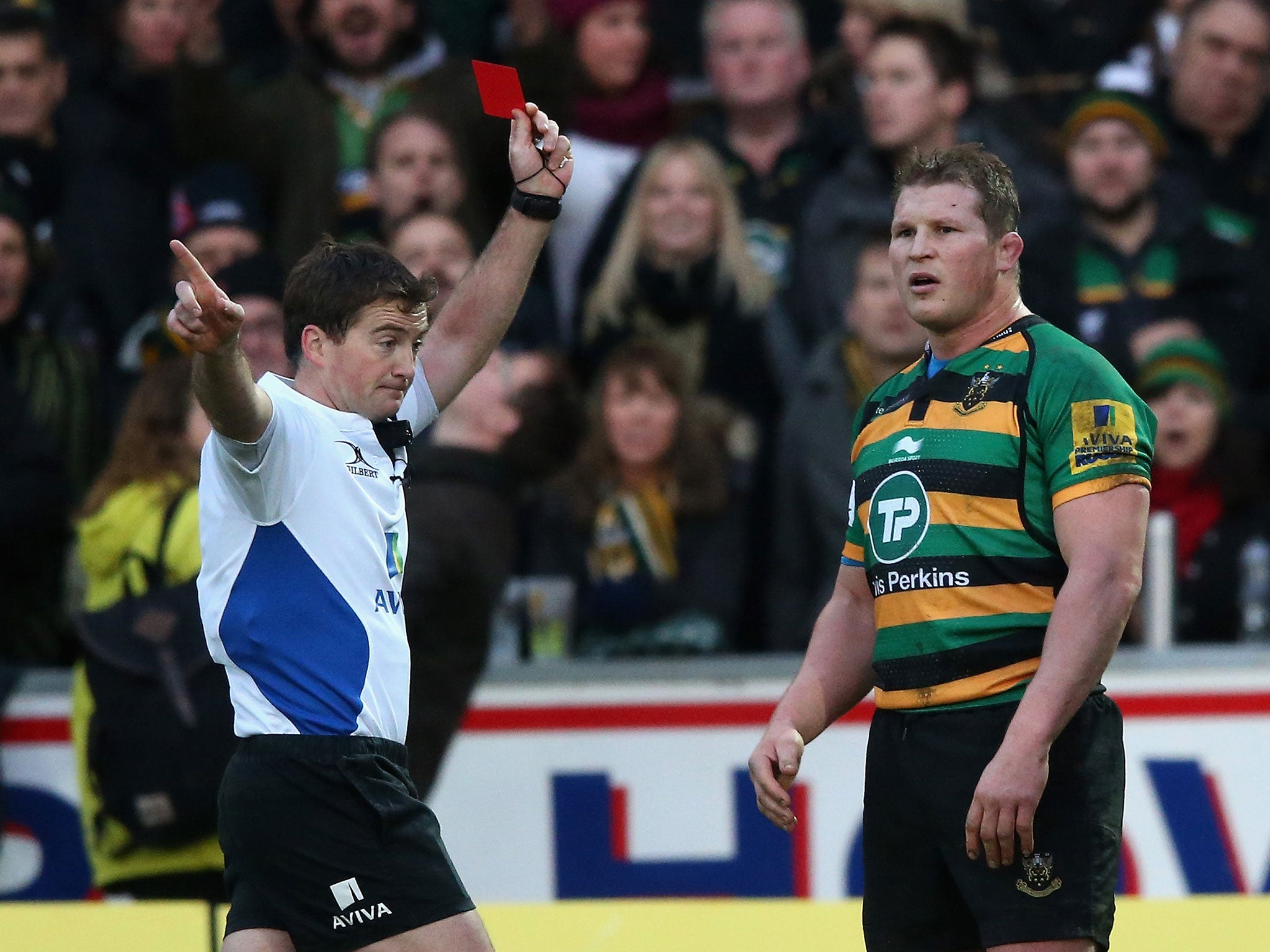 Northampton captain Dylan Hartley is shown the red card and sent off by referee JP Doyle during the Aviva Premiership match between Northampton Saints and Leicester on Saturday