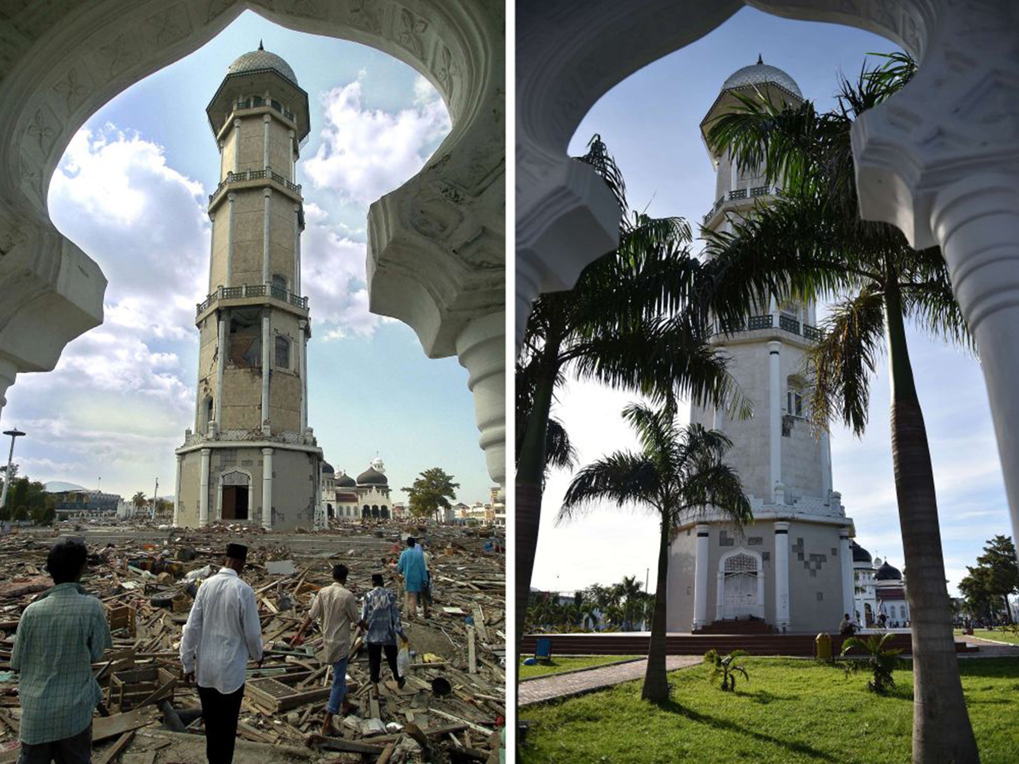 Debris scattered across the grounds of Banda Aceh's Baiturrahaman mosque on December 28, 2004, compared with the same scene today