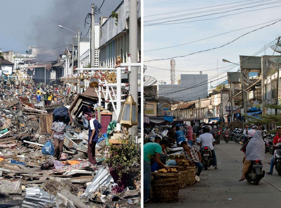 Debris covering the streets of Banda Aceh after the tsunami and the same location today (AFP/Getty)
