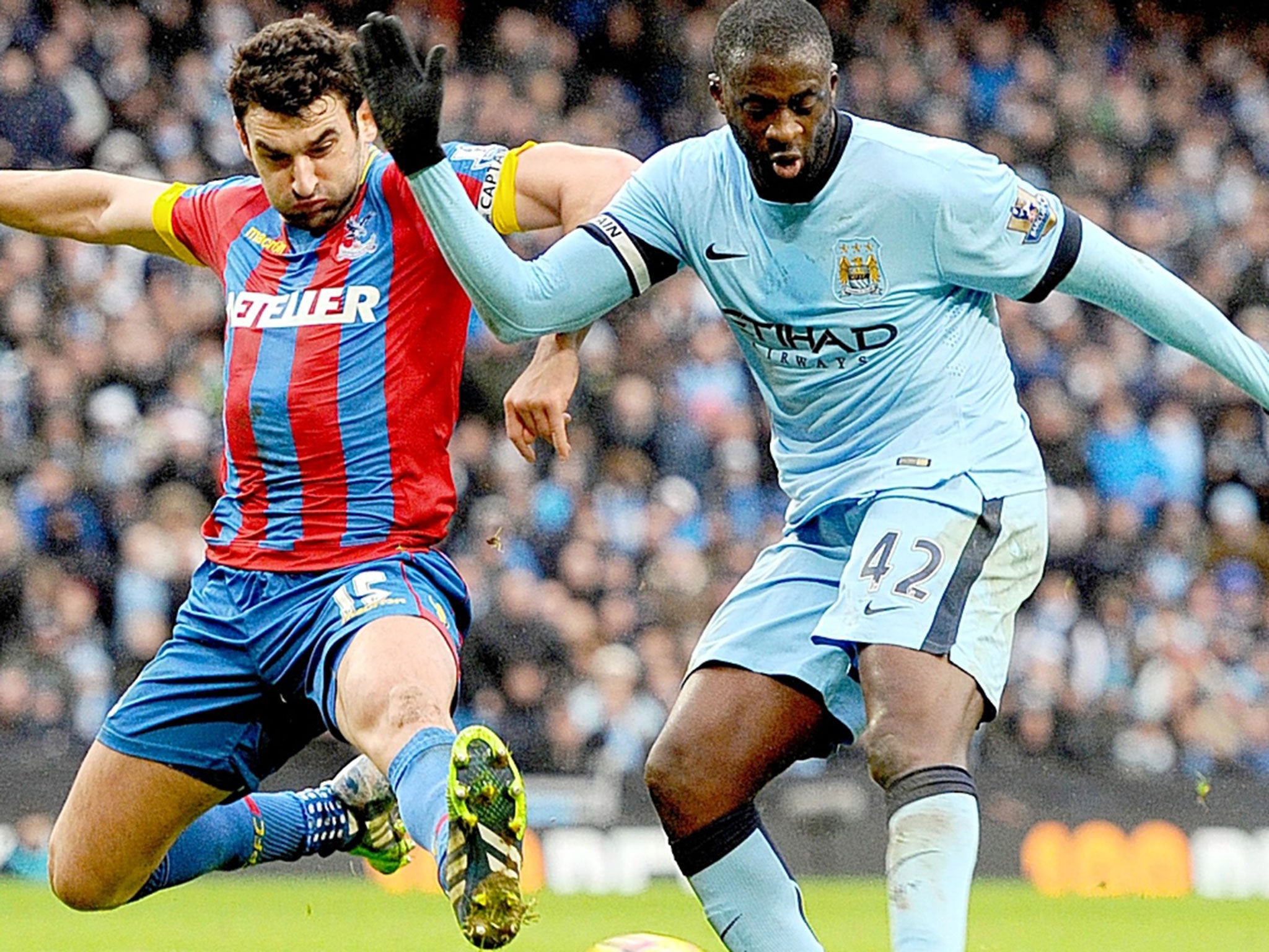 Yaya Touré (right) wraps up victory with Manchester City’s final goal in their 3-0 win at home to Crystal Palace