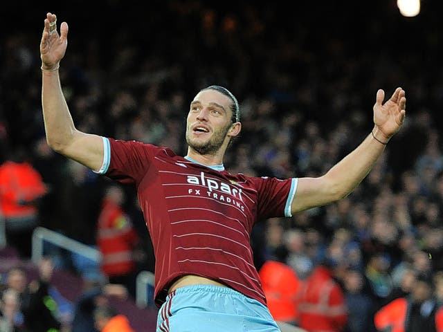 Andy Carroll celebrates after scoring for West Ham at Upton Park on Saturday 