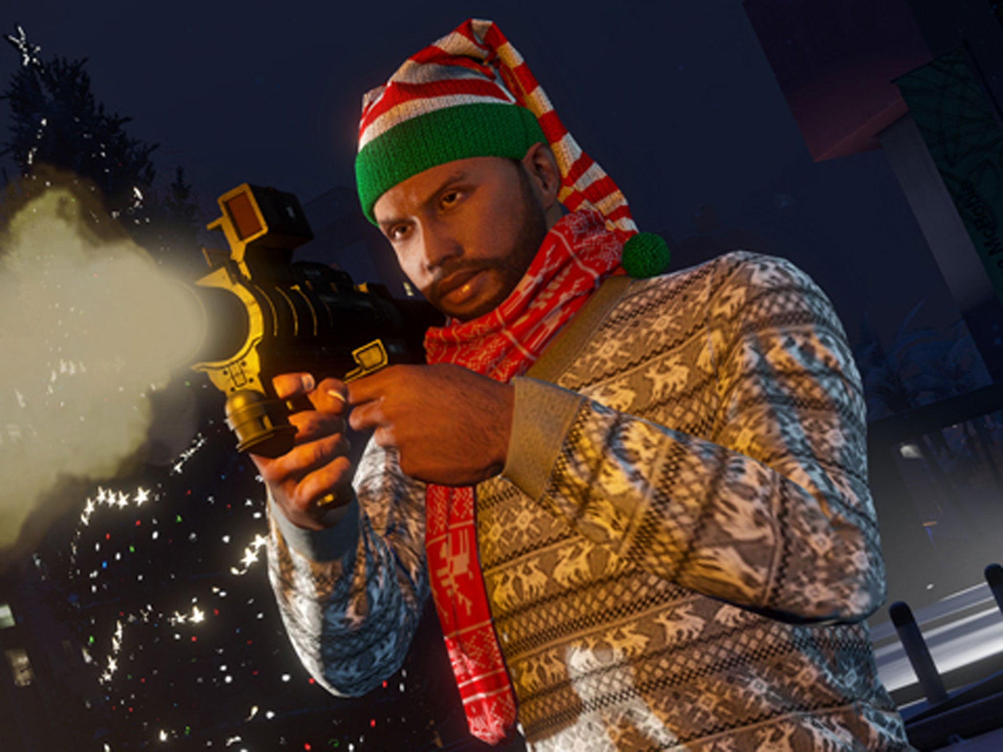 Christmas jumpers and hats haven't entirely warmed the hearts of GTA 5's characters — seen here demonstrating the new homing missile