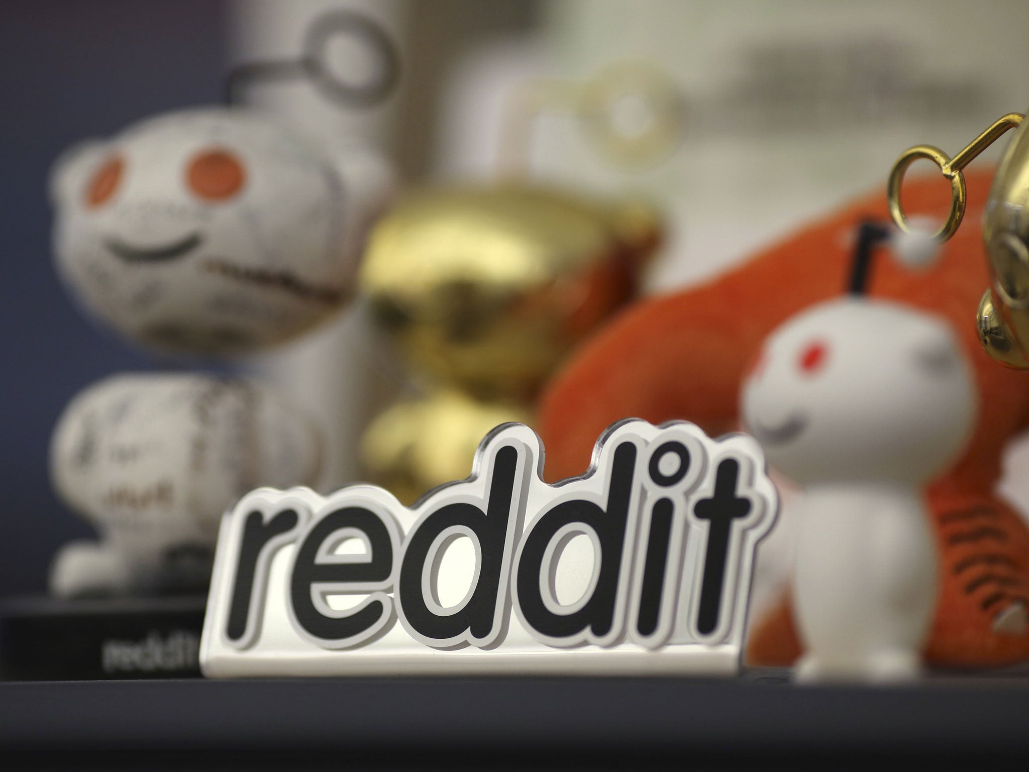 Reddit mascots are displayed at the company's headquarters in San Francisco, California
