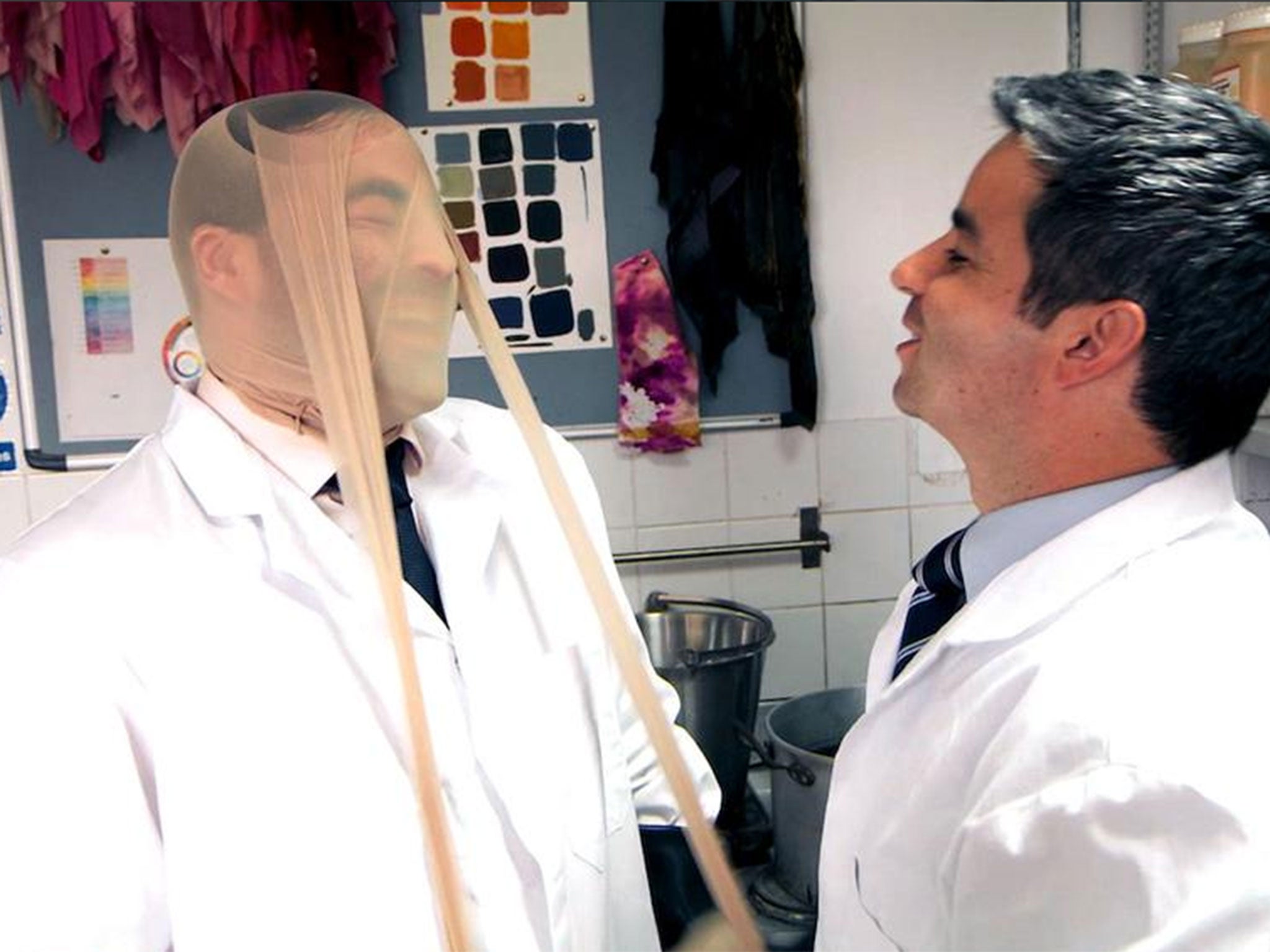 Daniel and Felipe play with tights in The Apprentice final