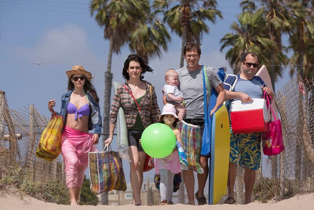 (L-R) Amanda Peet as Tina Morris, Melanie Lynskey as Michelle Pierson, Abby Ryder Fortson as Sophie Pierson, Mark Duplass as Brett Pierson and Steve Zissis as Alex Pappas in Togetherness