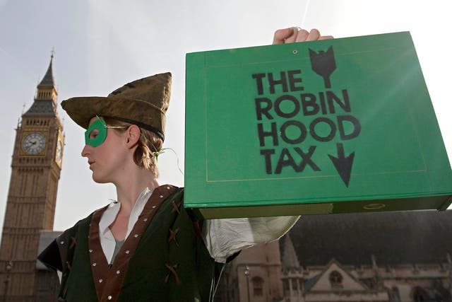 A protestor from the 'Robin Hood Tax Campaign,'
