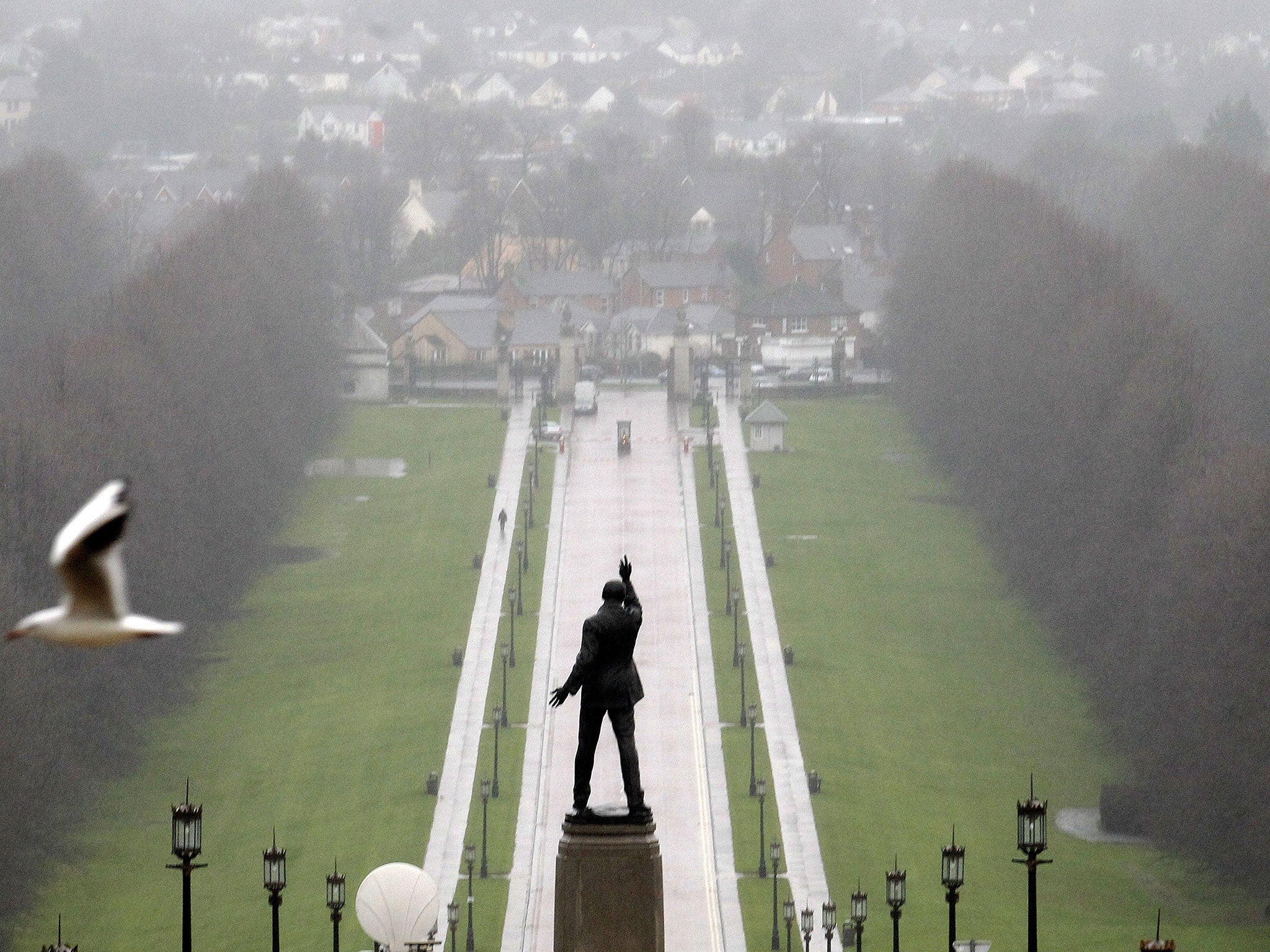 A statue of 1920's Ulster Unionist politician Edward Carson overlooks the grounds of Stormont estate, near Belfast Tuesday