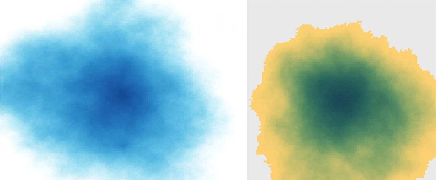 These are historic and current simulations of Morning Glory Pool. The image on the left shows the pool as it looked nearly 140 years ago, and the image on the right shows the pool after the vent is blocked by debris