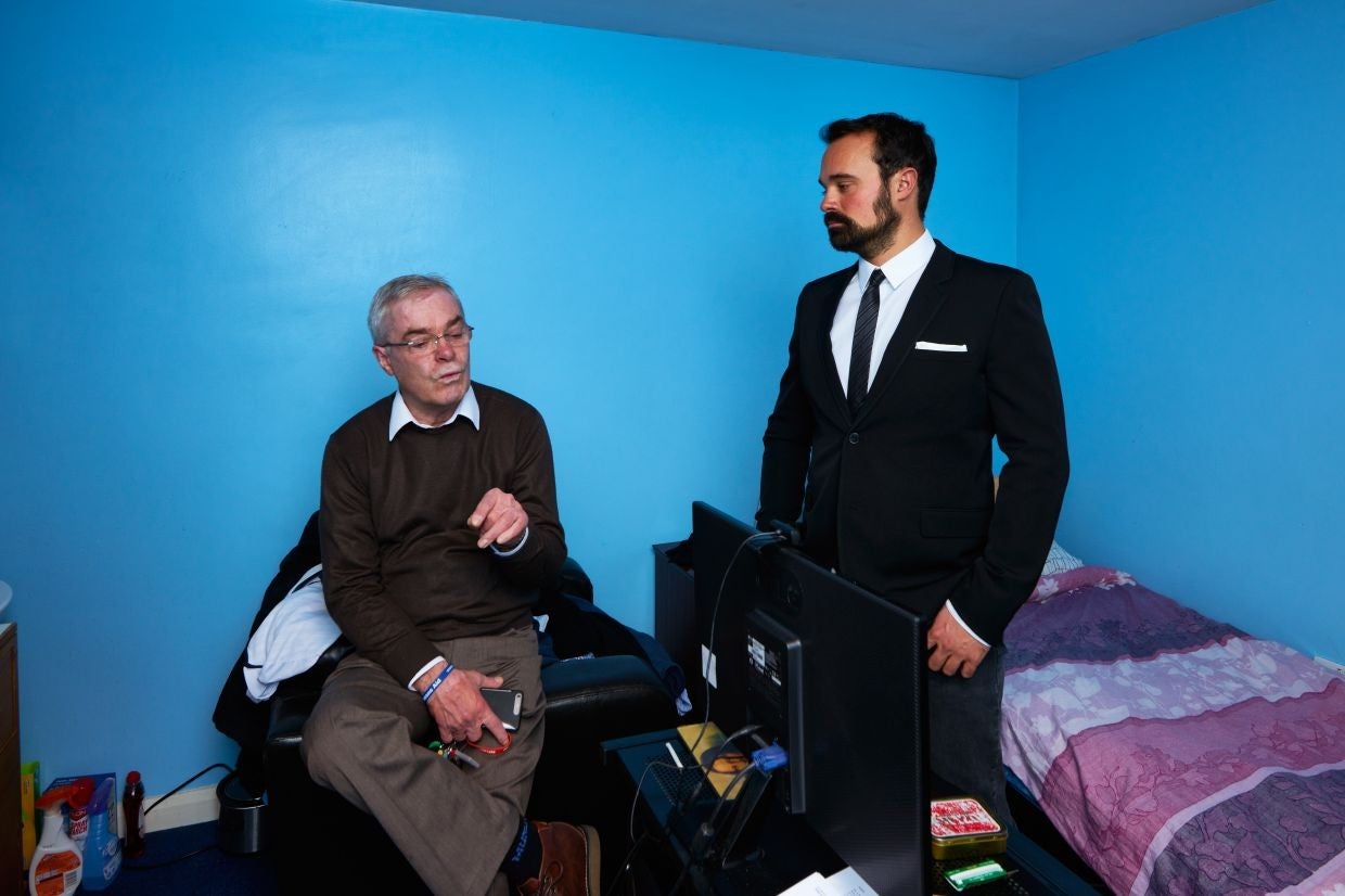 Evgeny Lebedev meets service veteran Derek Ellerbeck at Veterans Aid’s east London hostel