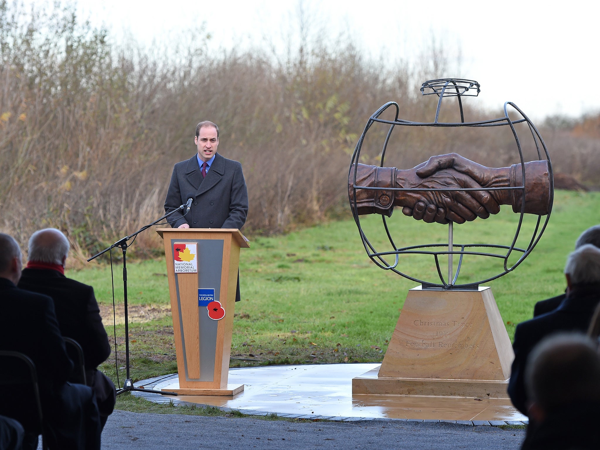 Prince William at the 'Christmas Truce' Football Monument at The National Memorial Arboretum