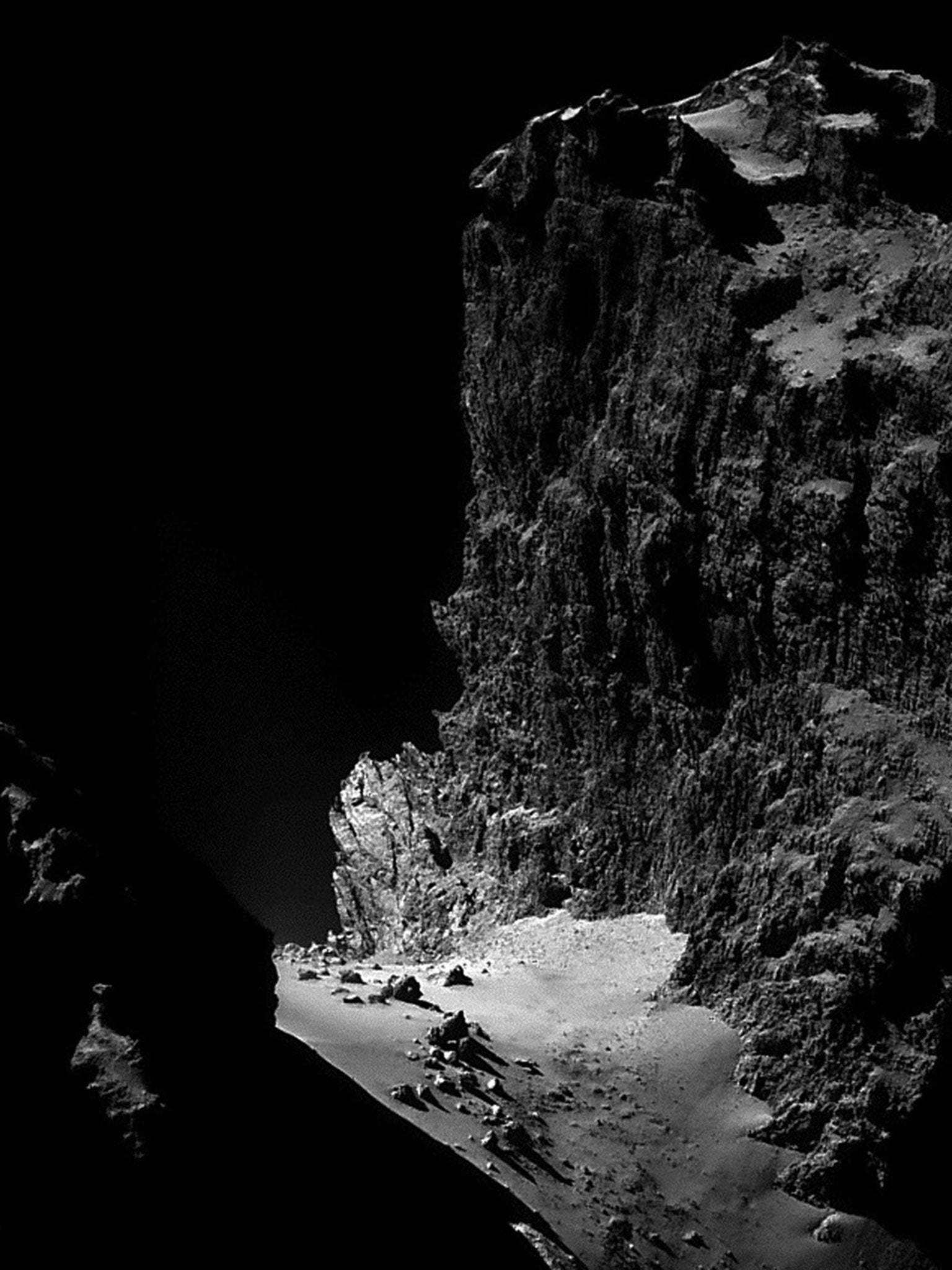 The steep, ragged cliffs and boulder-strewn terrains on the surface of Comet Churyumov–Gerasimenko