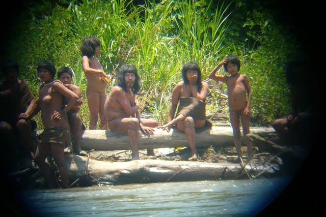 Members of the Mashco-Piro tribe observe a group of travelers from across the Alto Madre de Dios river