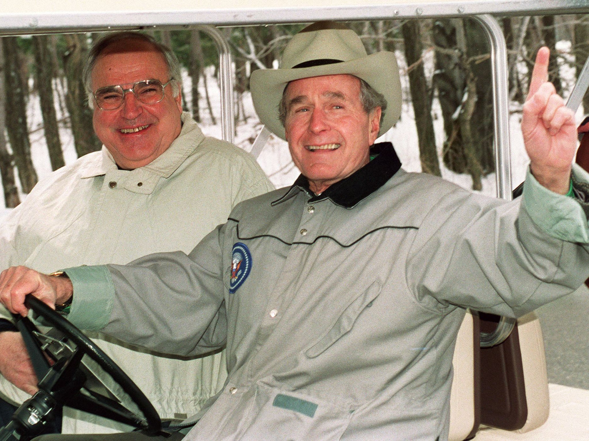 &#13;
Chancellor Kohl at Camp David in 1992 with President George Bush, who called him ‘a rock’ (Getty)&#13;