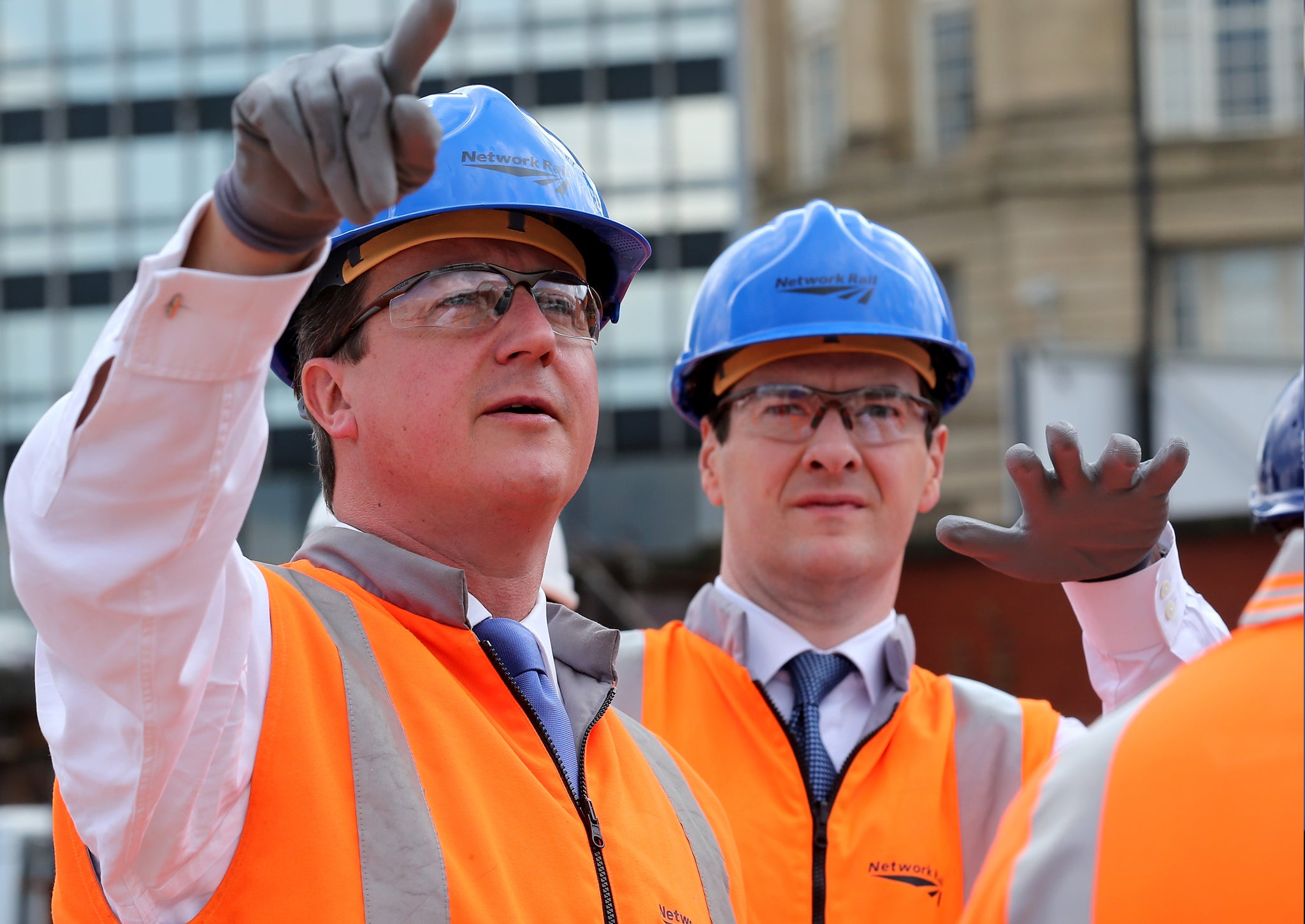 David Cameron and George Osborne tour building works at Manchester's Victoria Railway Station