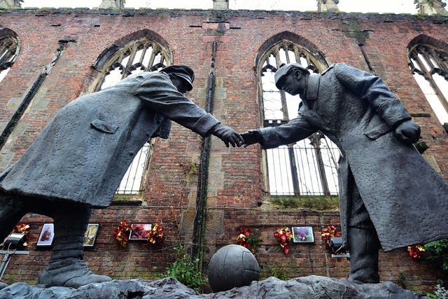 A sculpture illustrating the WW1 Christmas Truce football match in Liverpool
