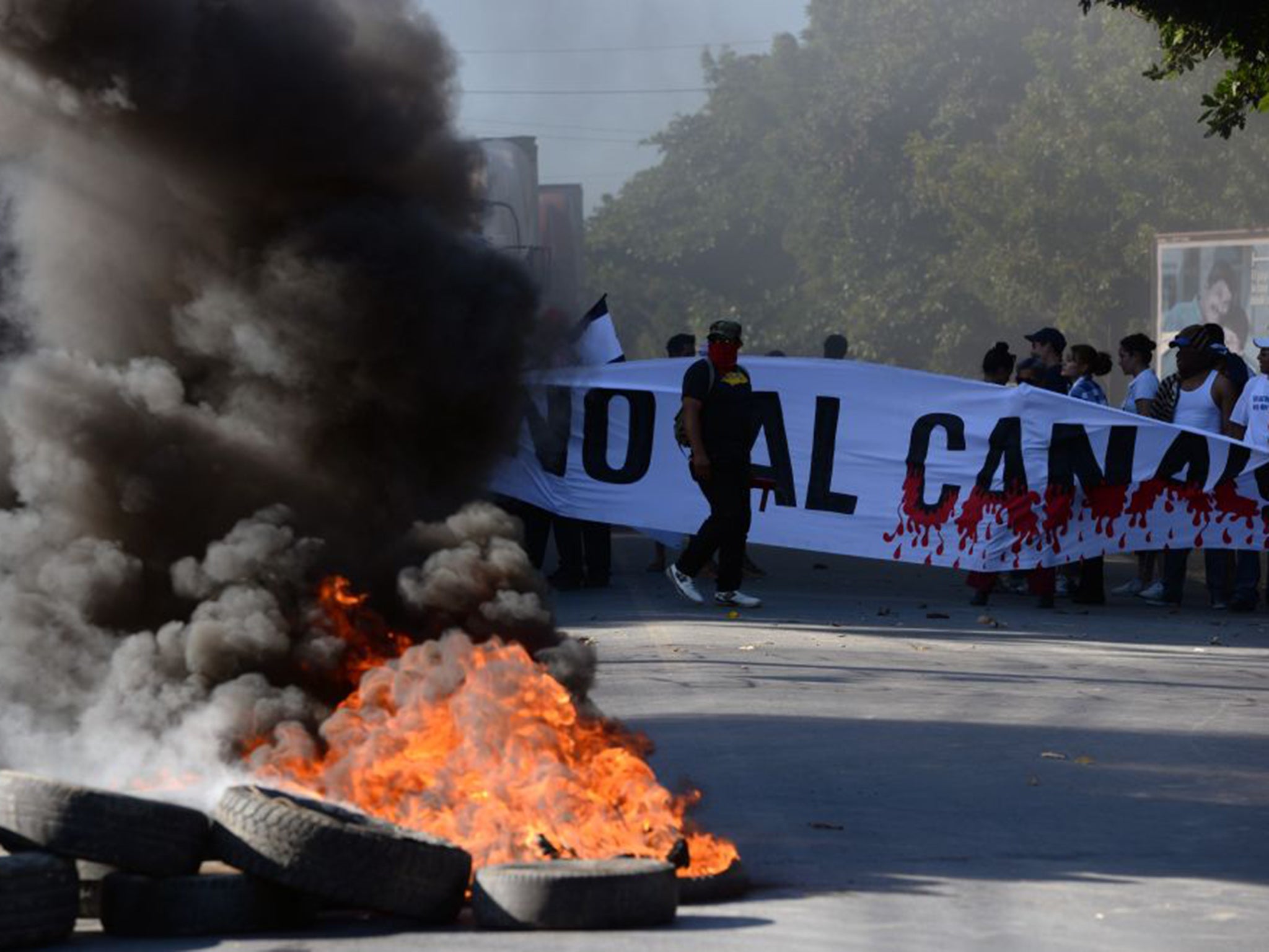 Protesters demonstrate against the building of a new canal in Nicaragua, in Rivas on Monday 