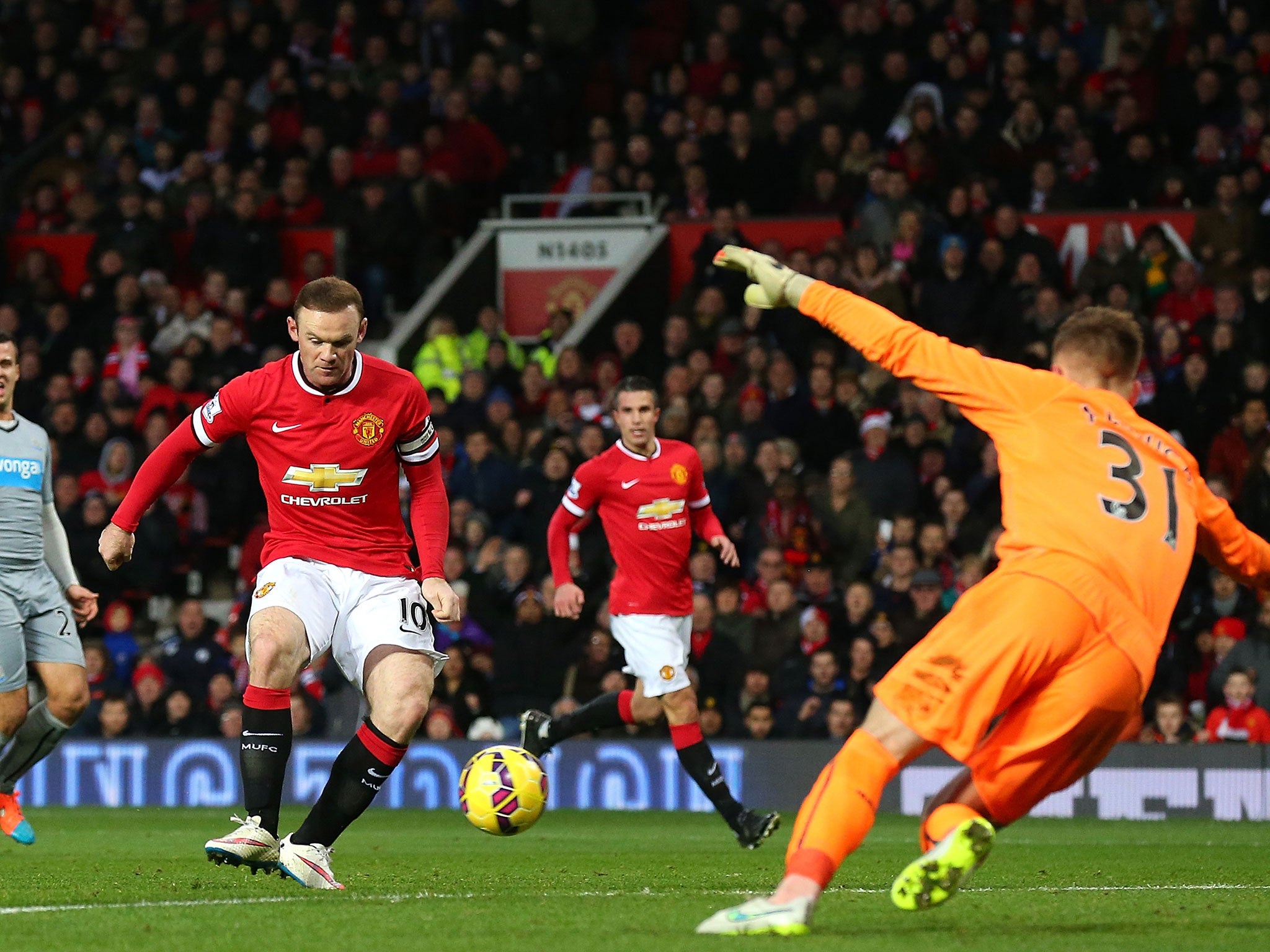 Wayne Rooney opens the scoring after turning in a Radamel Falcao cross