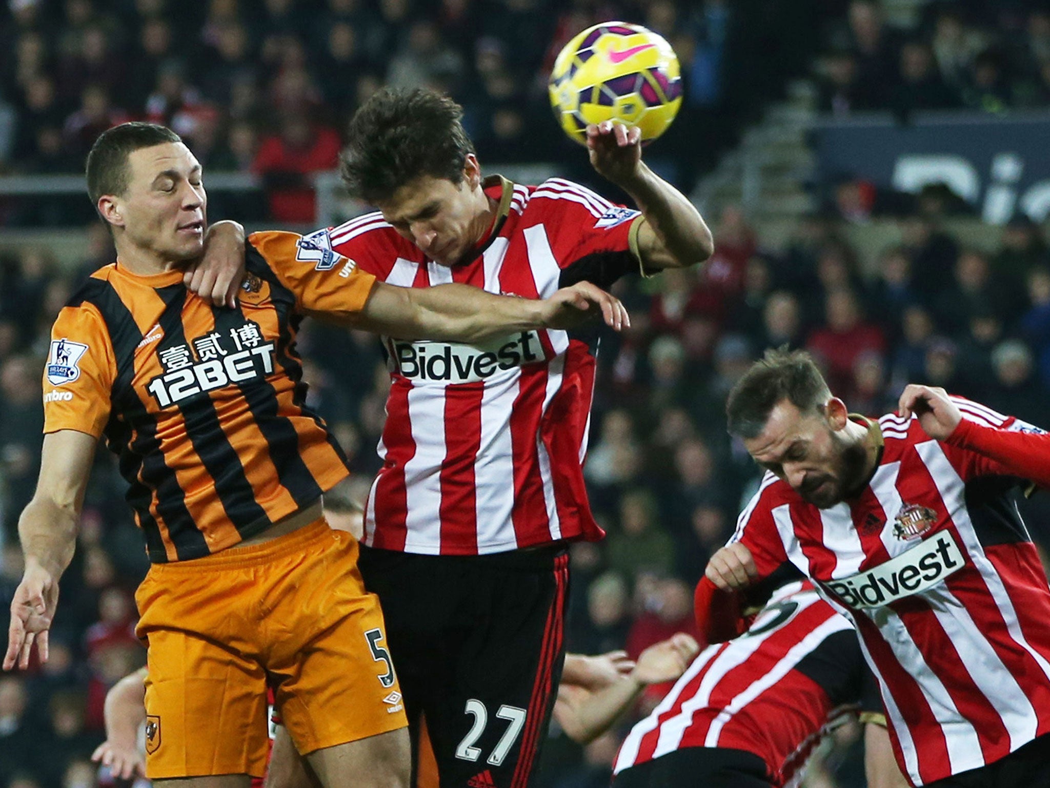 James Chester heads Hull into the lead as he gets the better of Sebastian Coates