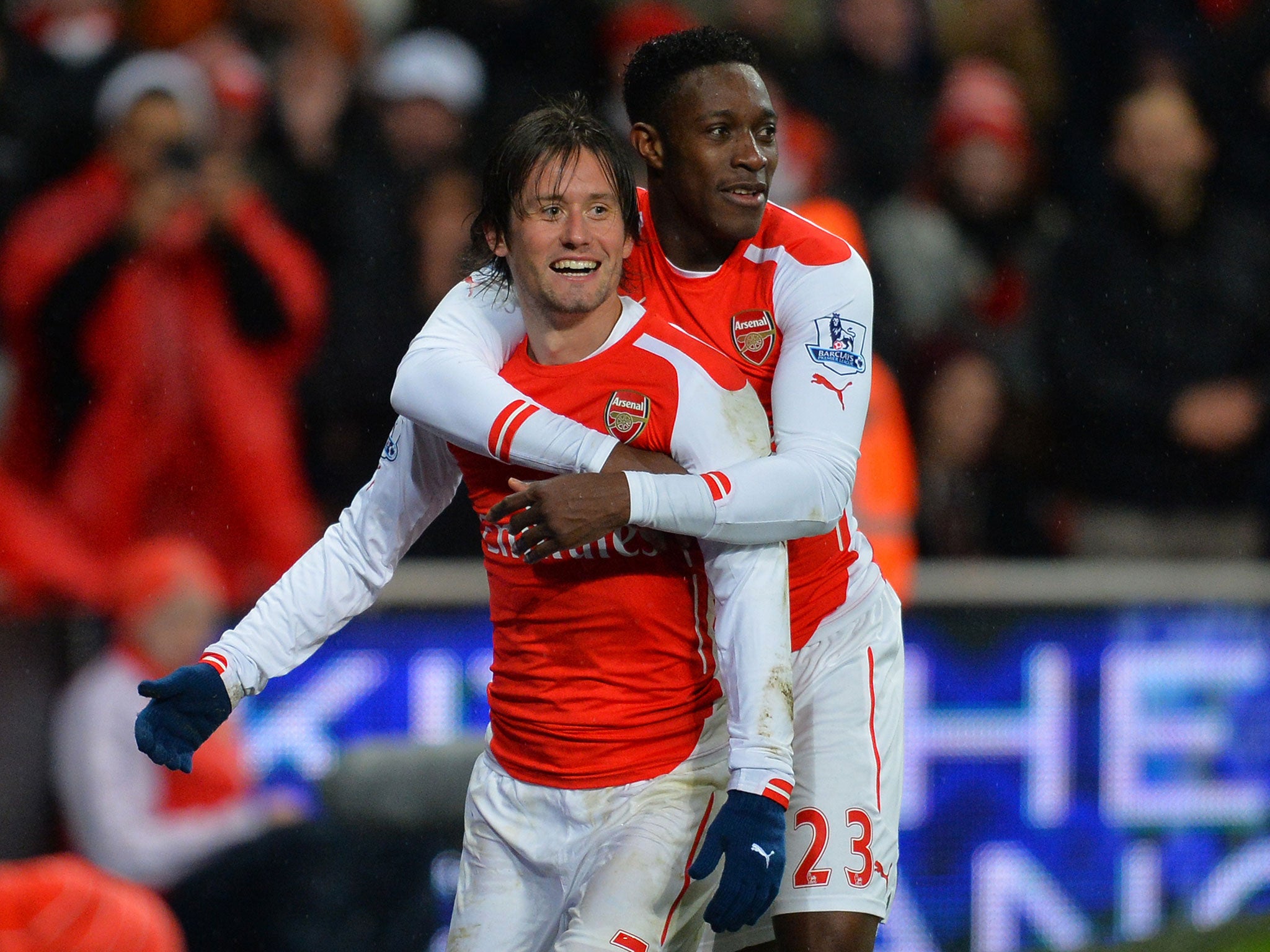 Rosicky celebrates with Welbeck after scoring Arsenal's second
