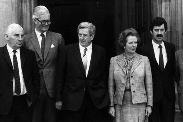 Margaret Thatcher and Garret FitzGerald, with, from left, Irish Foreign Affairs minister Peter Barry, UK Northern Ireland Secretary Douglas Hurd and Irish Deputy Prime Minister Dick Spring at the Anglo Irish summit at Chequers in 1984