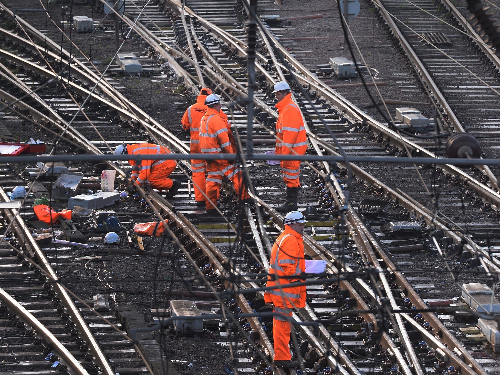 Railway workers on the tracks outside King's Cross, London