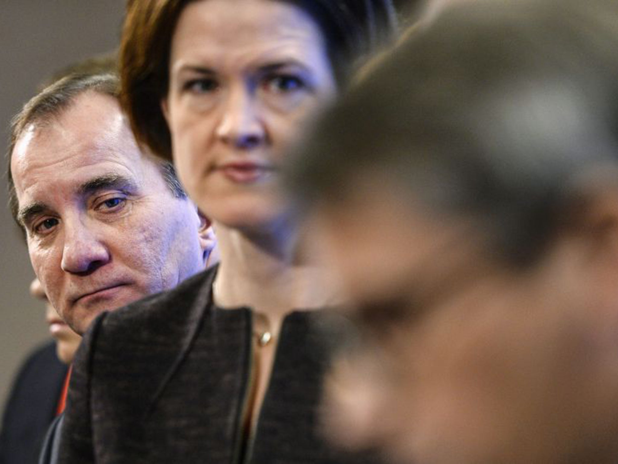 Stefan Lofven, with the Moderate Party’s Anna Kinberg Batra, has cancelled the snap election